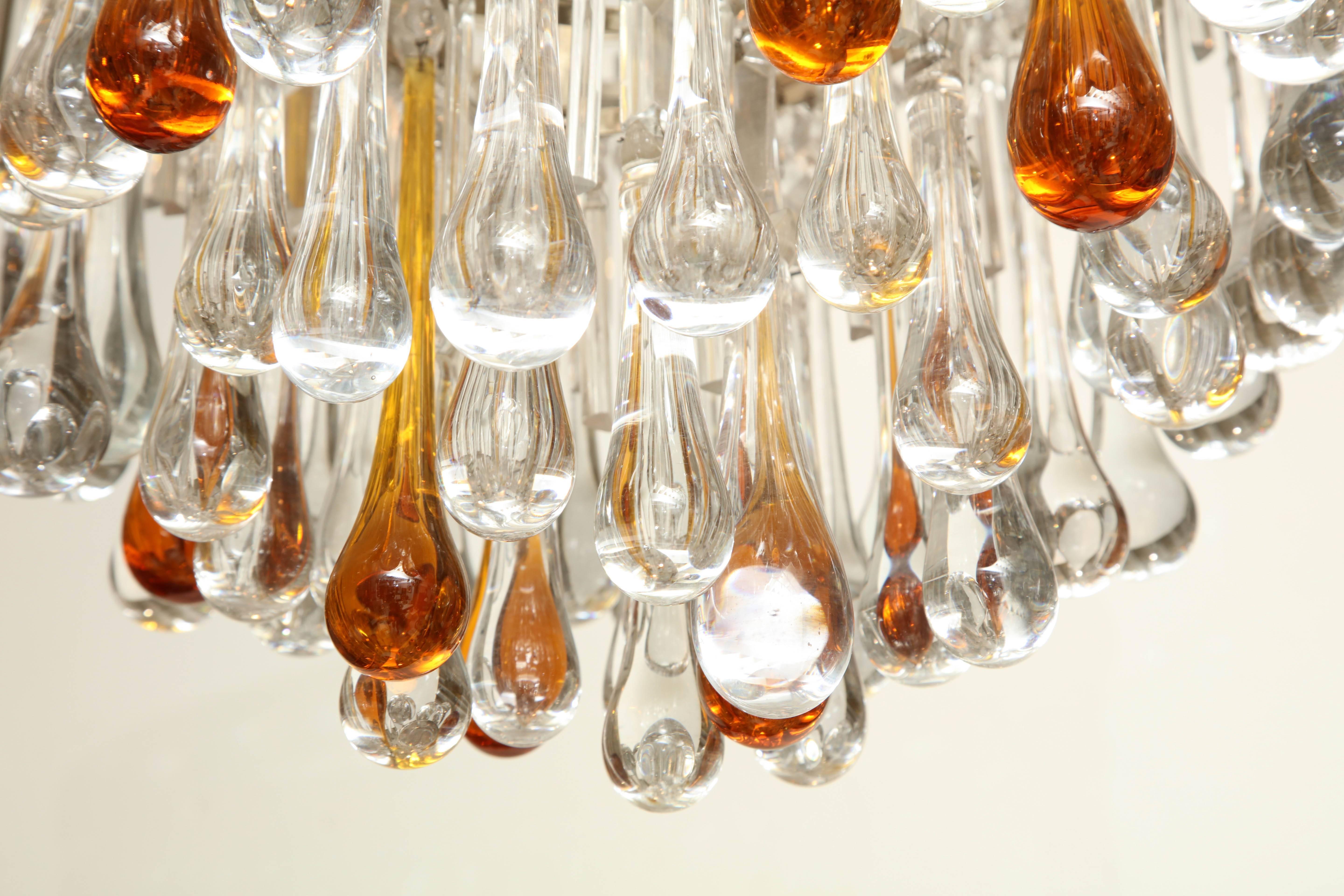 Late 20th Century Murano Glass Chandelier with Clear and Amber Crystal Tear Drops, Italy, 1980s For Sale