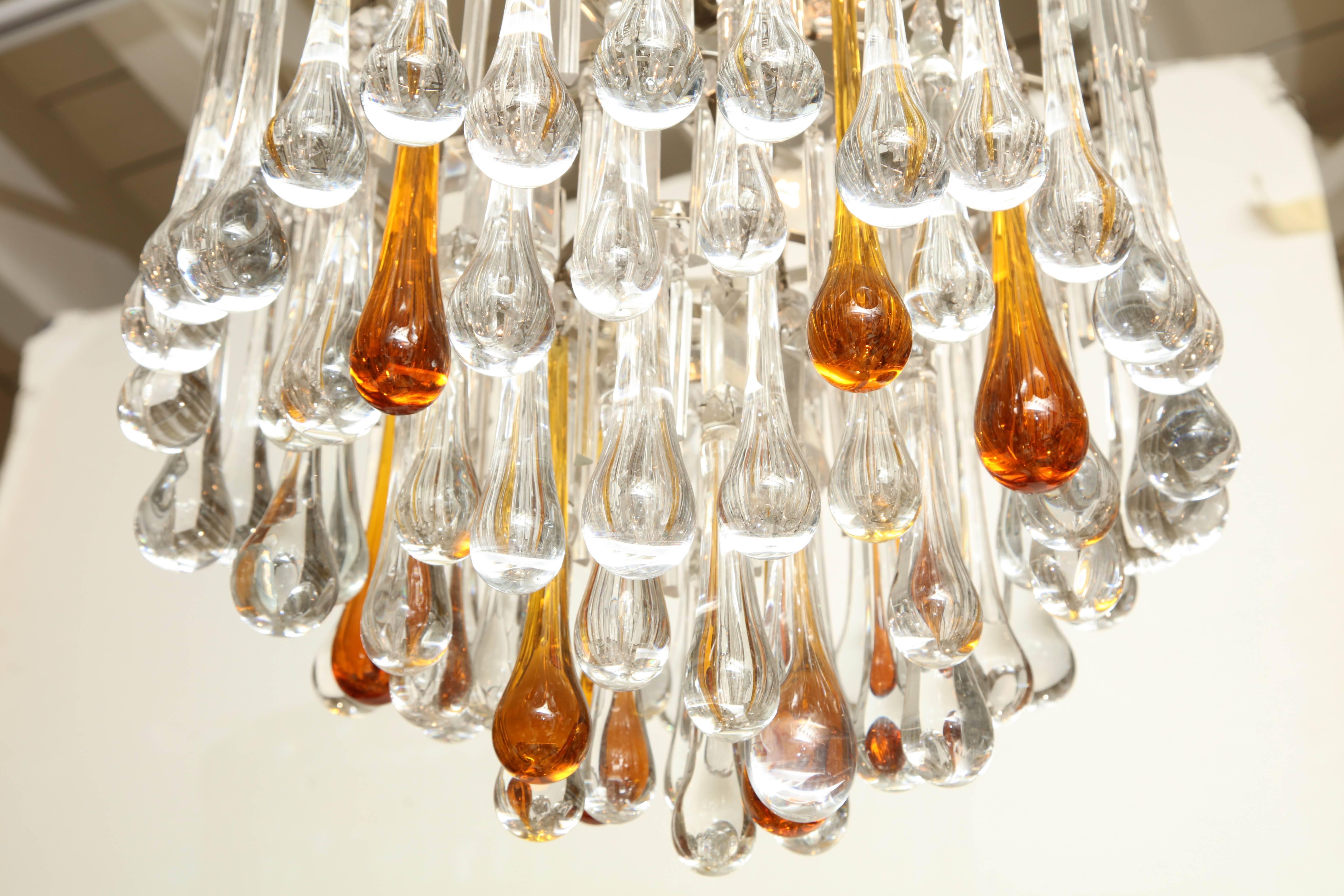 Murano Glass Chandelier with Clear and Amber Crystal Tear Drops, Italy, 1980s For Sale 1