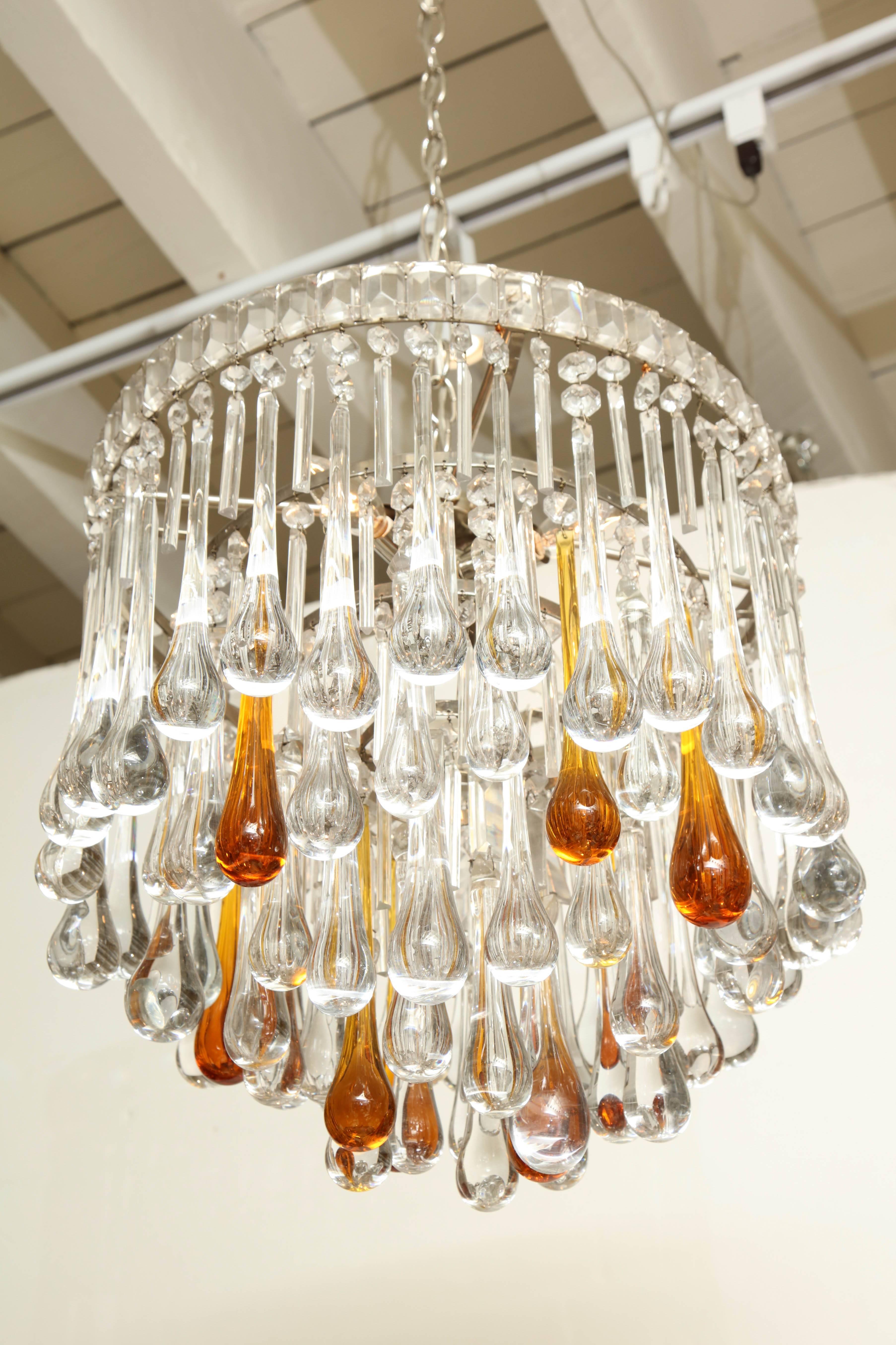 Murano Glass Chandelier with Clear and Amber Crystal Tear Drops, Italy, 1980s For Sale 2