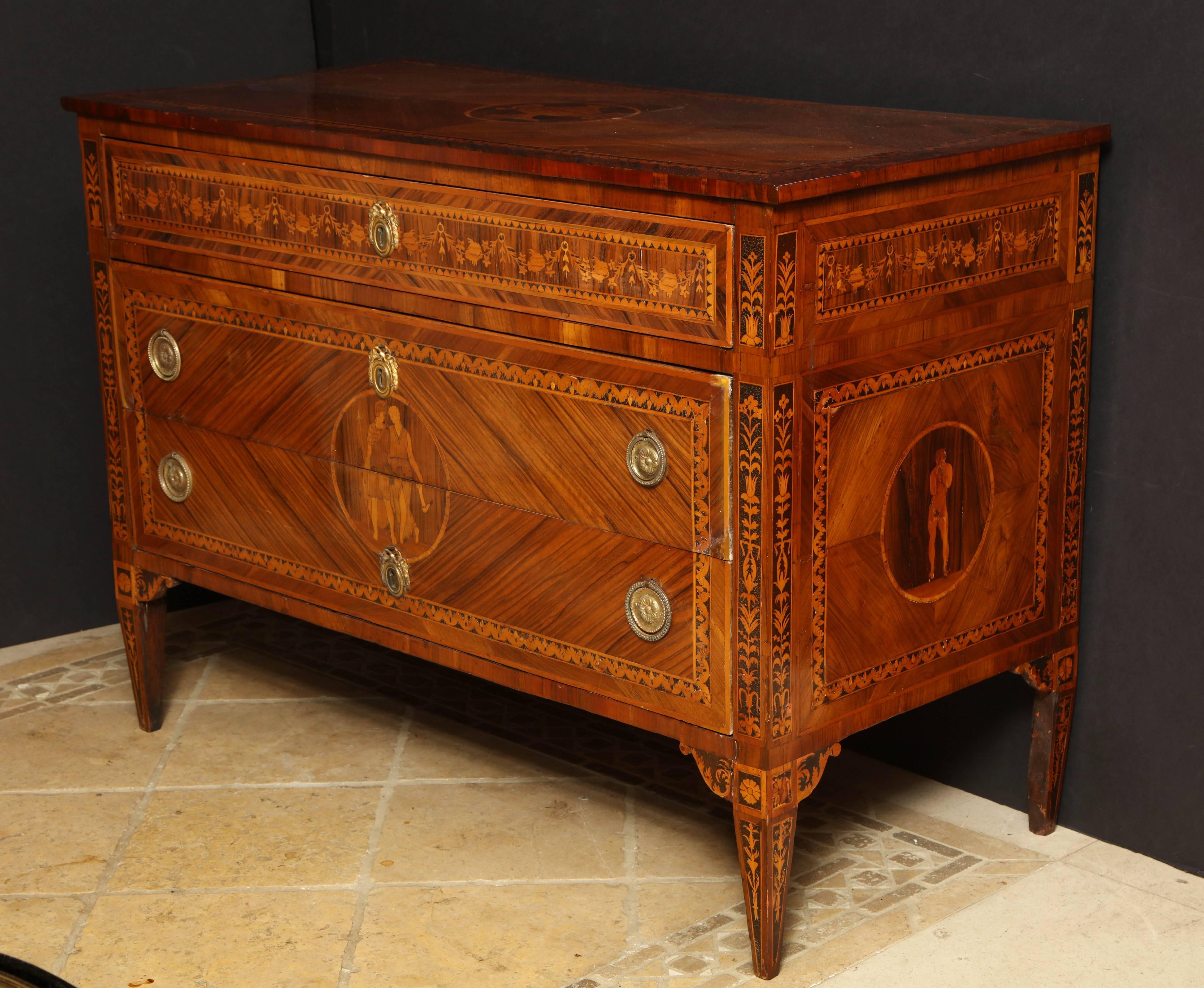Italian neoclassic marquetry inlaid three-drawer commode.
