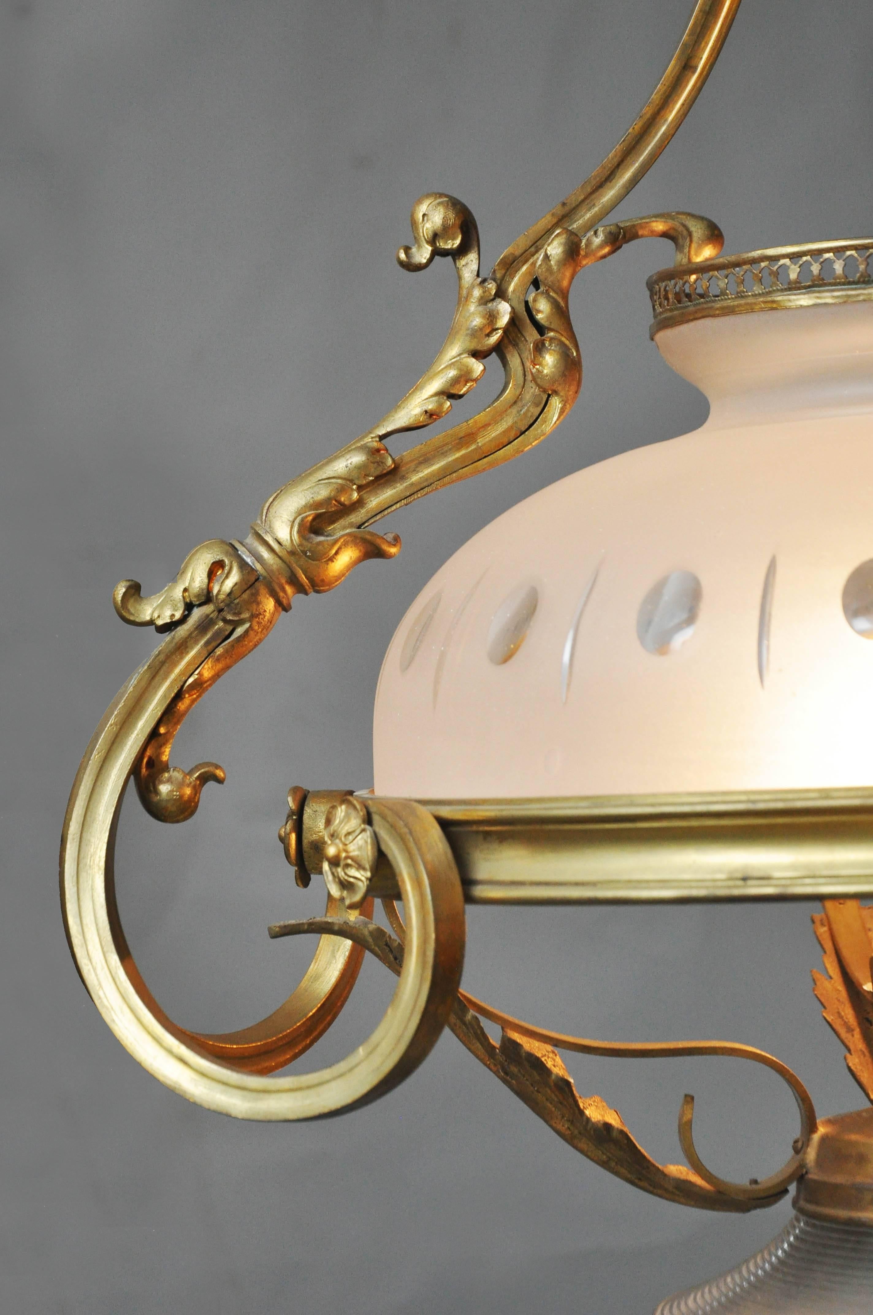 Gilt Rococo Gold Bronze Oil Lamp Chandelier, France, 1880 For Sale