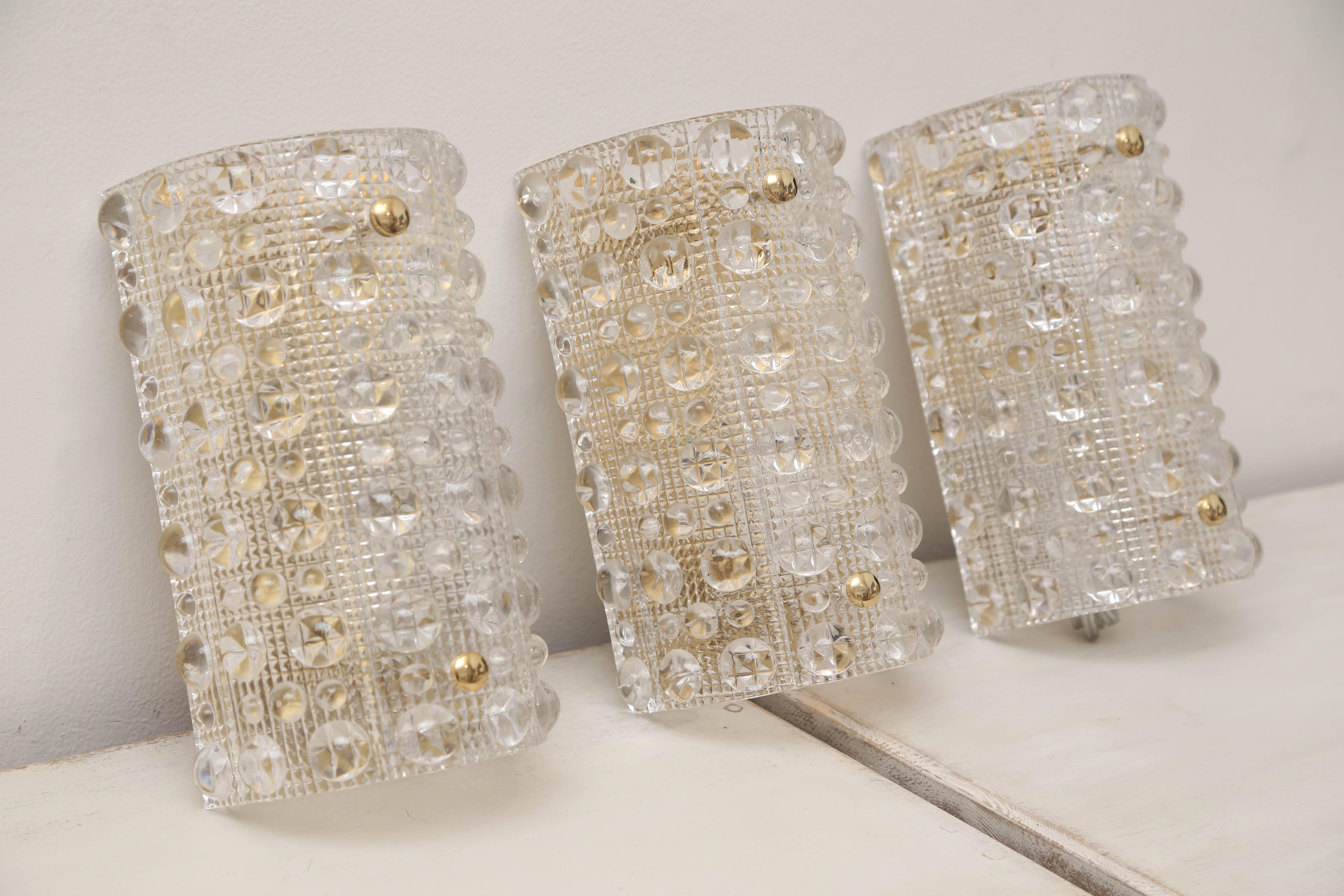 Swedish Set of Three Carl Fagerlund for Orrefors Sweden Crystal Wall Sconces, circa 1960 For Sale