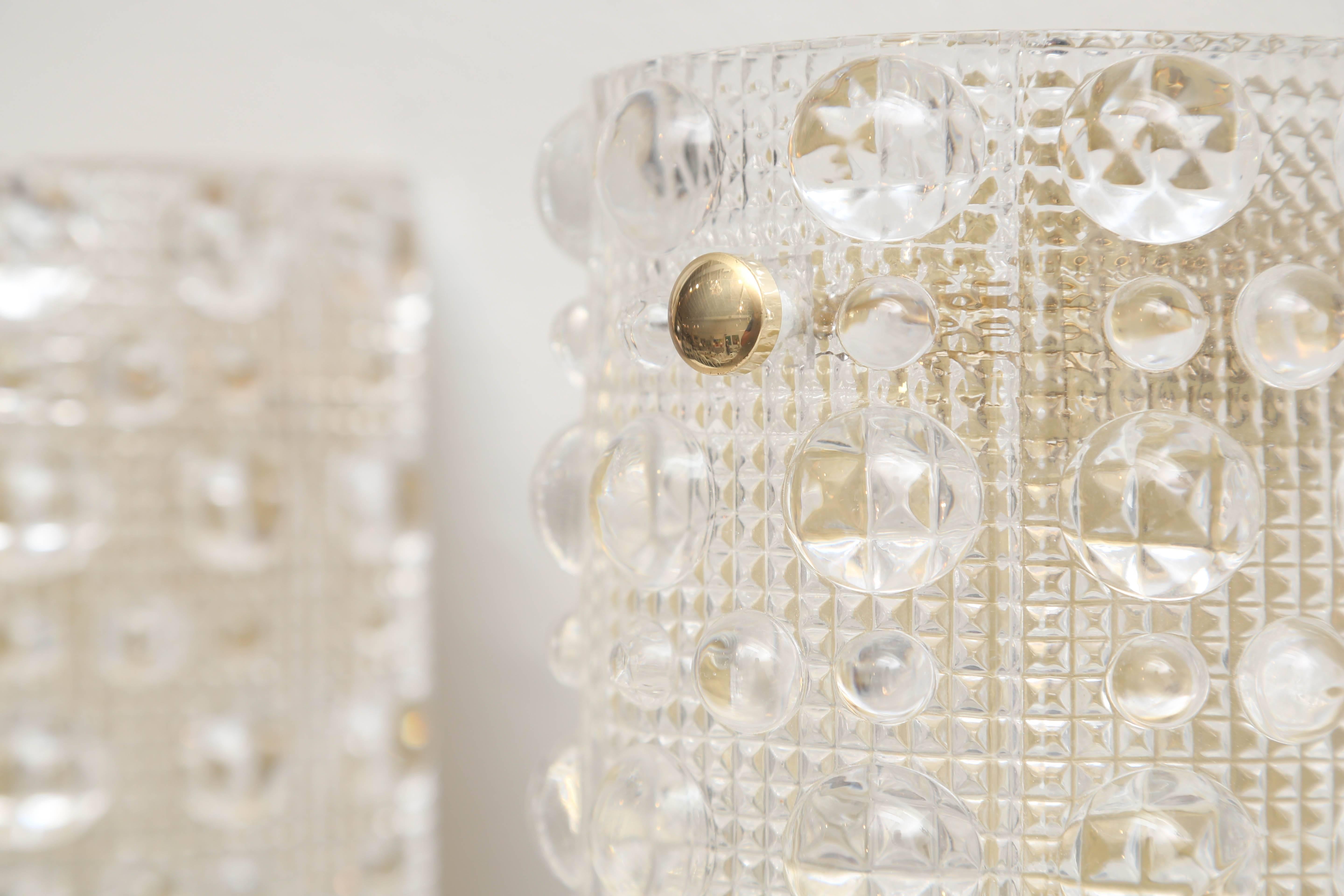 Brass Pair of Carl Fagerlund for Orrefors Sweden Crystal Wall Sconces, circa 1960s For Sale