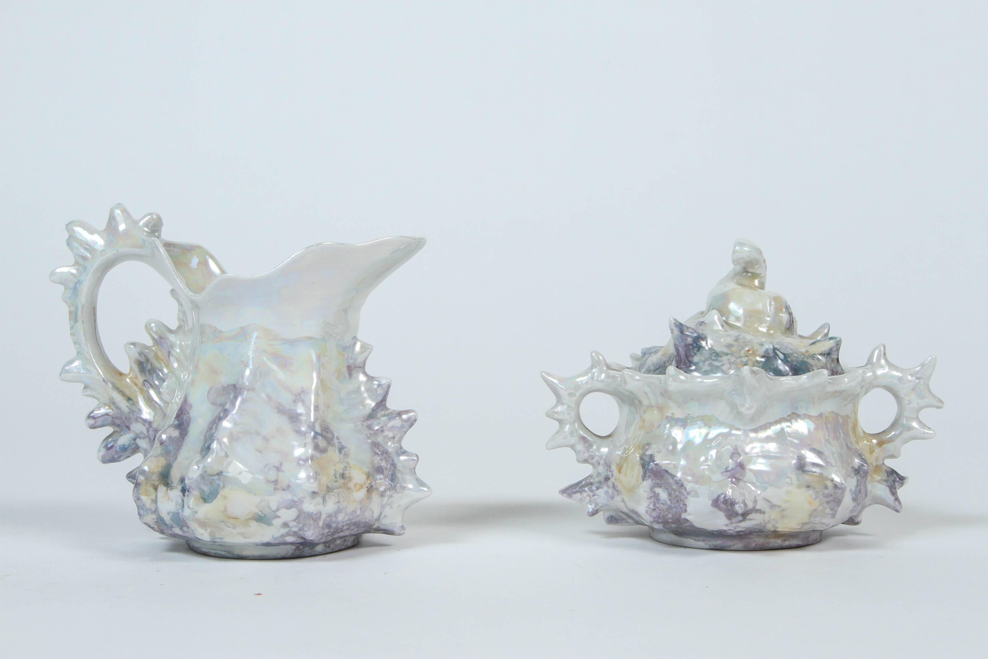 Vintage porcelain lusterware seashell cream and sugar set from Germany.