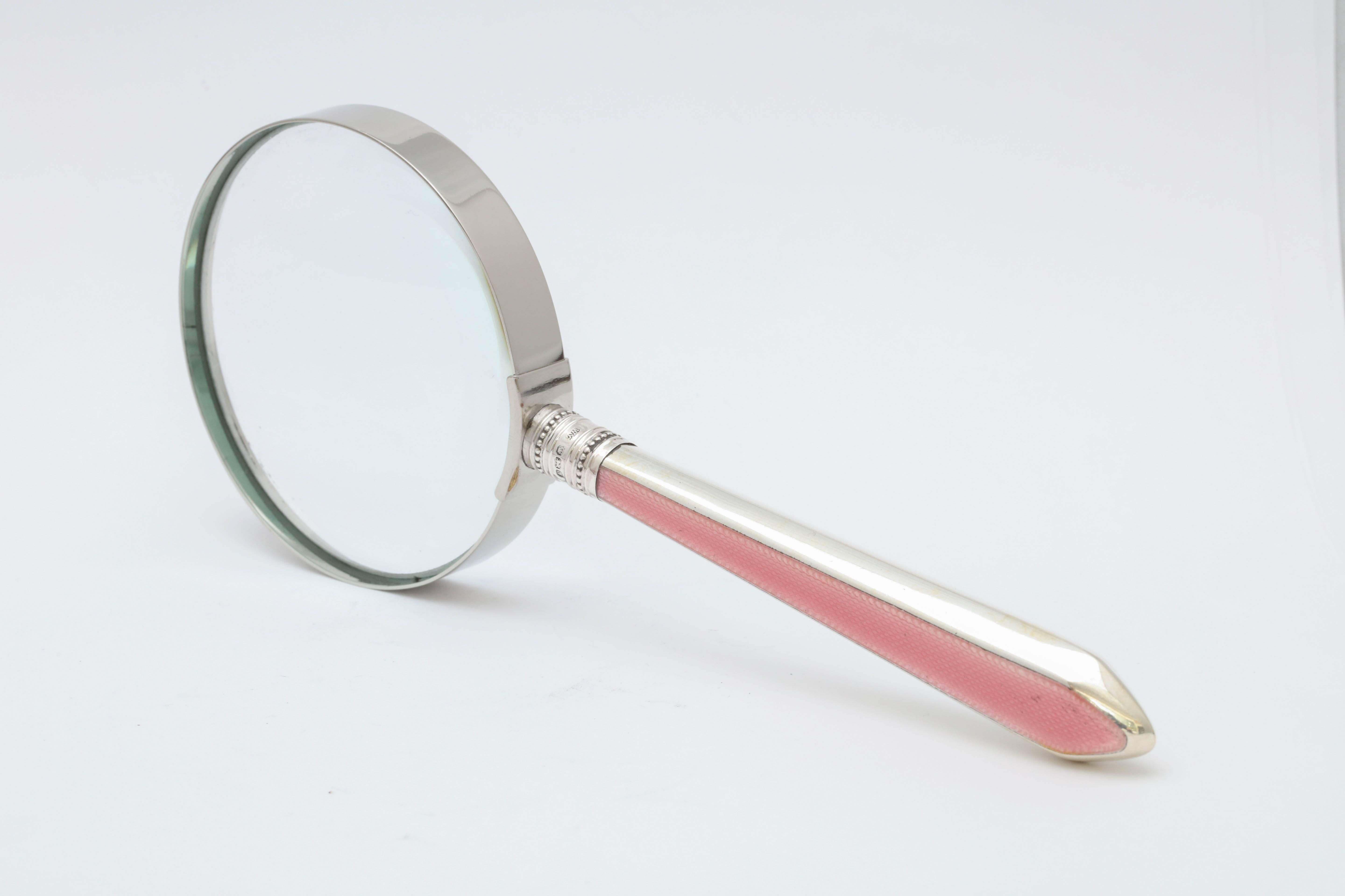 English Art Deco Sterling Silver Handled, Pink Guilloche Enamel Magnifying Glass