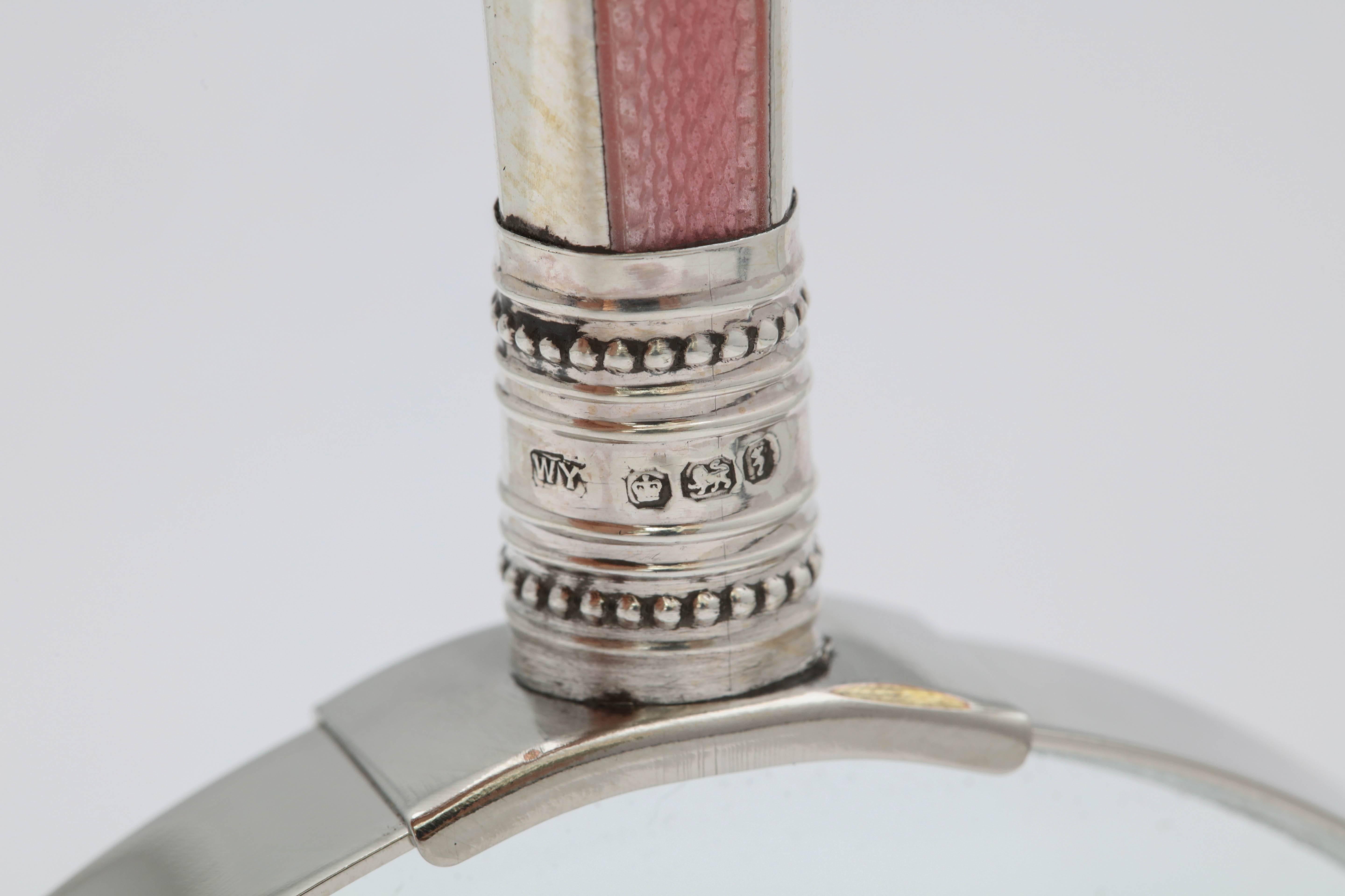 Art Deco Sterling Silver Handled, Pink Guilloche Enamel Magnifying Glass 1