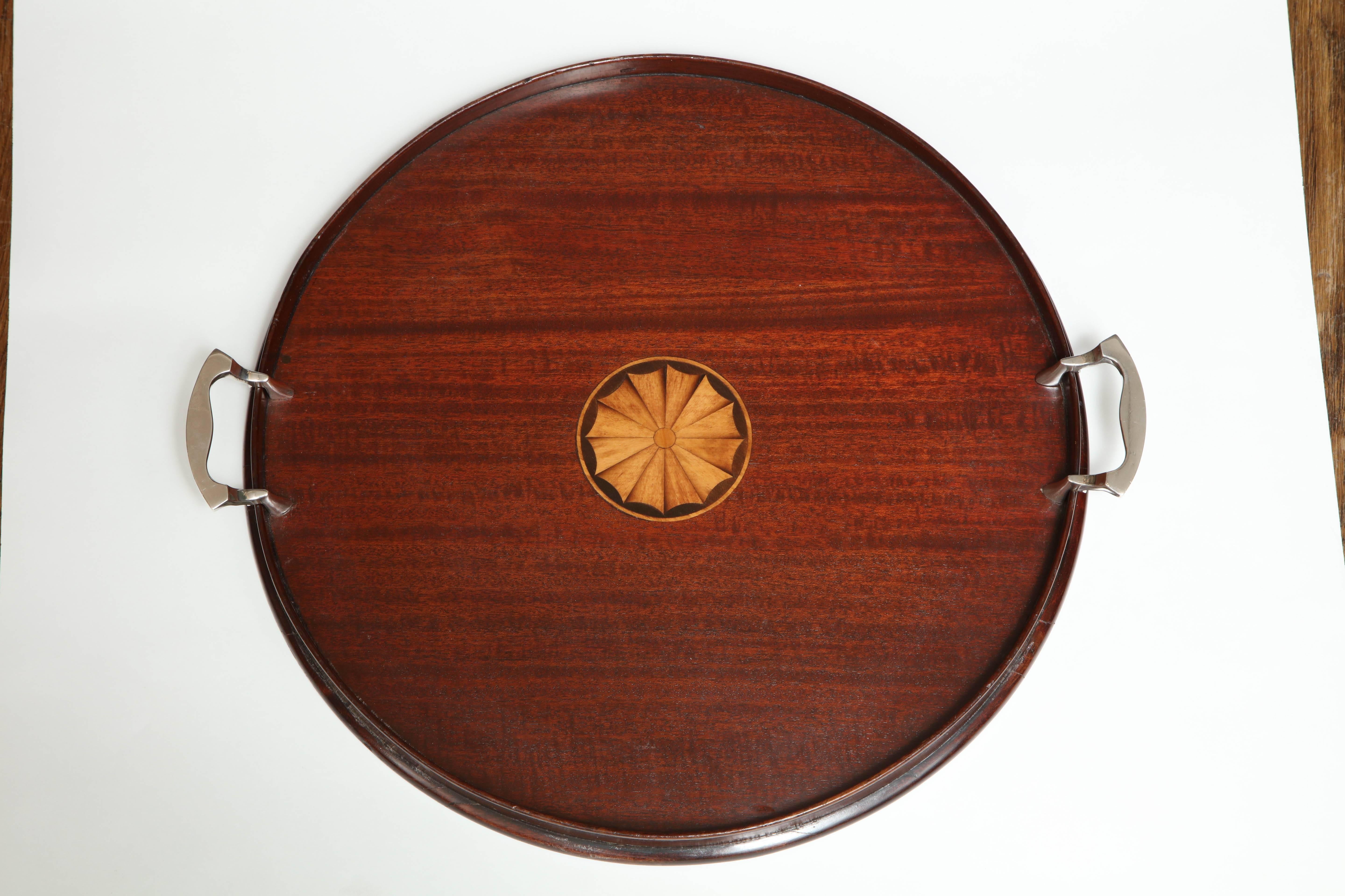 Edwardian Sheraton-Style Round Wood Serving Tray with Silver Plated Handles 1