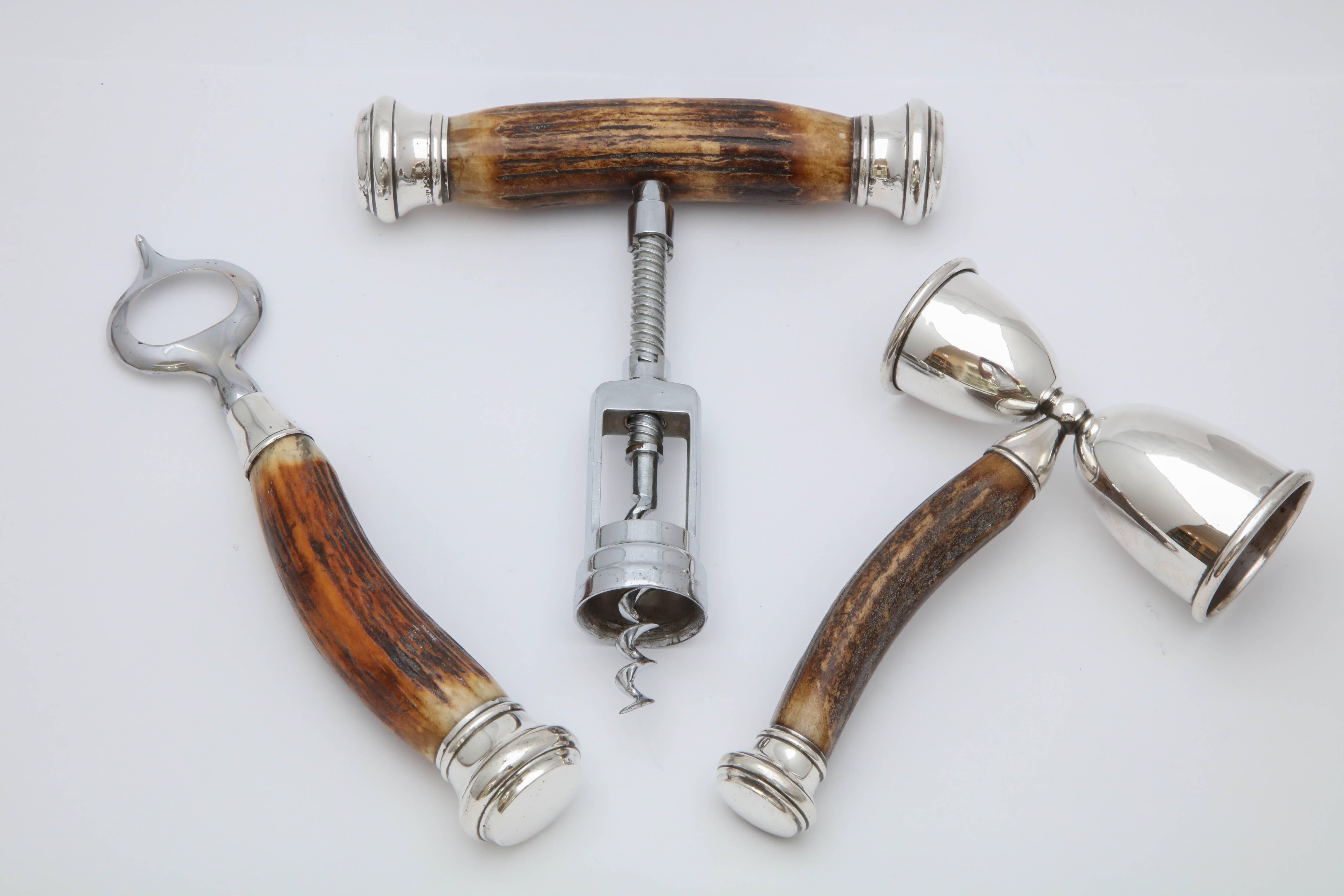 Large, Art Deco, three-piece, sterling silver-mounted Horn bar set, J. Hasselbring and Co., New York, circa 1930s. Three-piece set consists of: (a) Sterling silver mounted - Horn, double sided shot glass. Shot glass is all sterling silver; 5 3/4