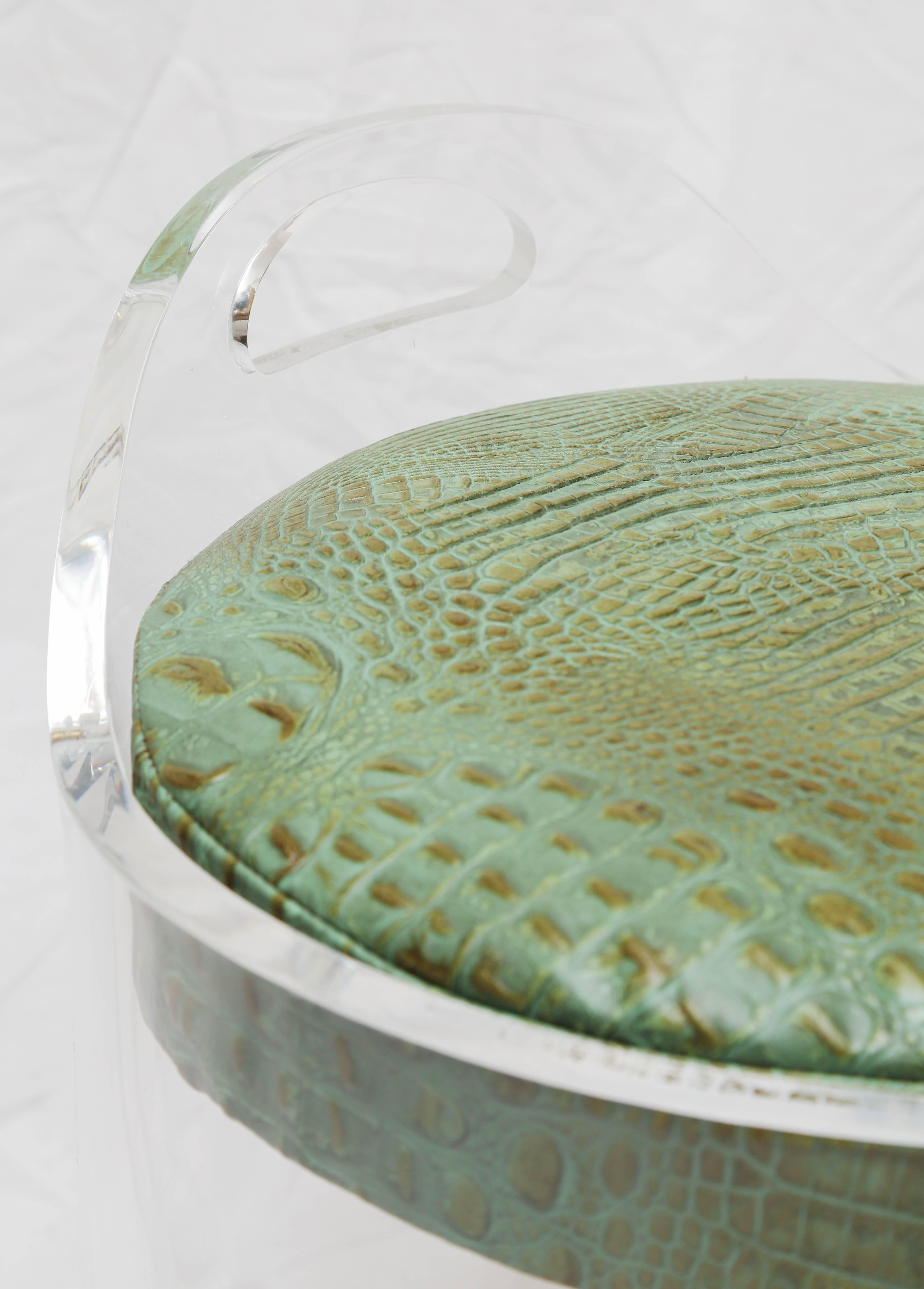 Lucite vanity stool with crocodile seat cushion on casters by Charles Hollis Jones.