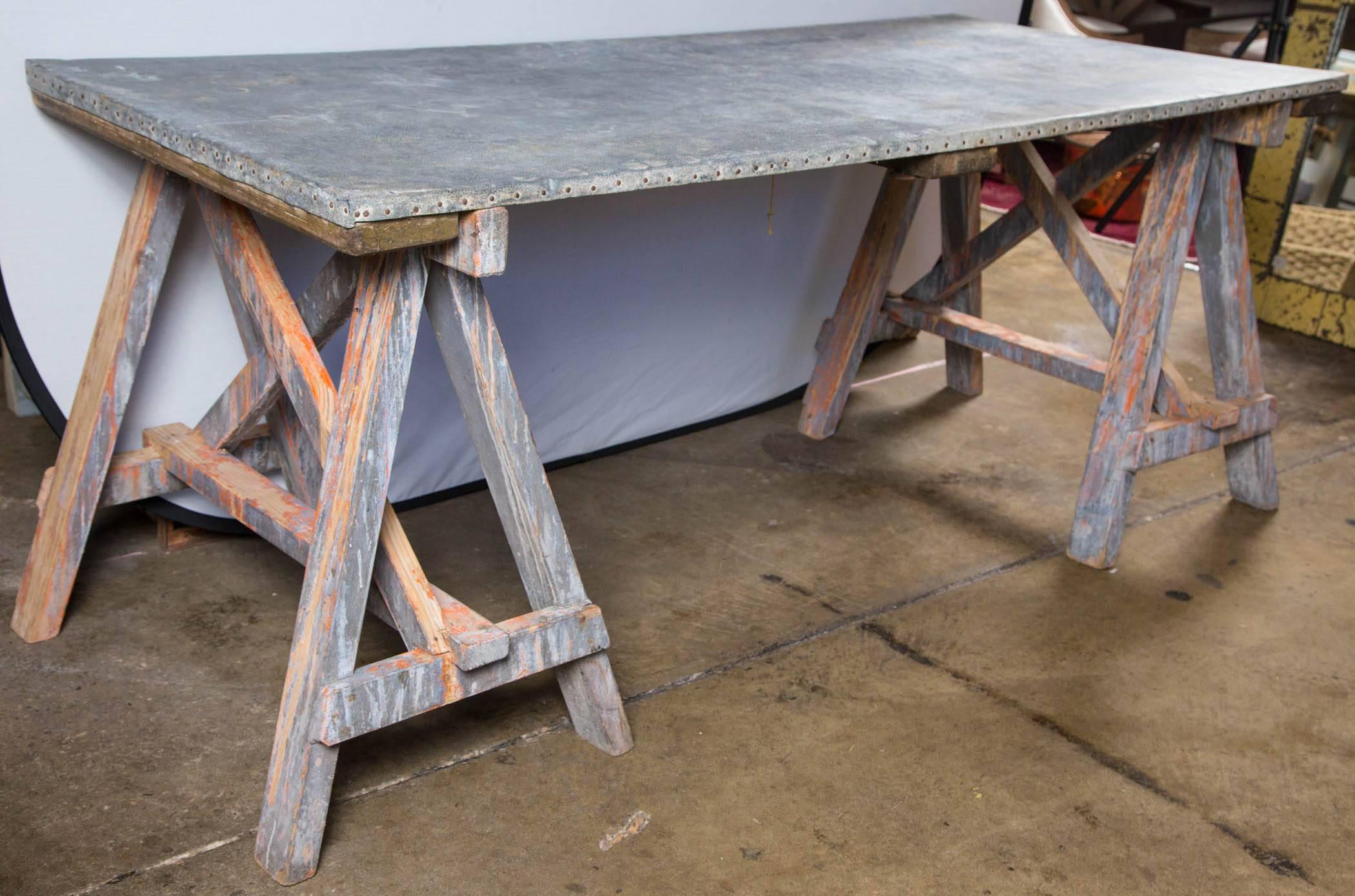 French zinc top table with original paint saw legs.