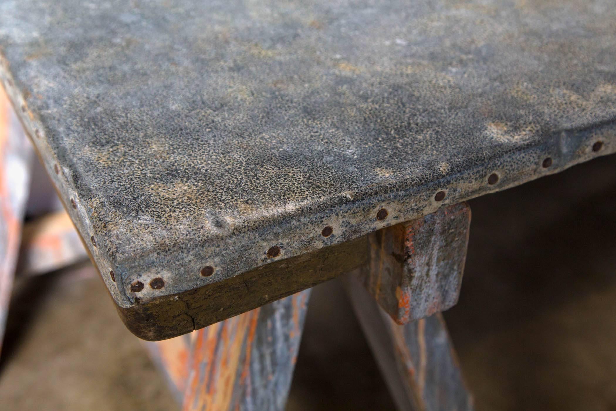 Industrial Zinc Top Saw Leg Table