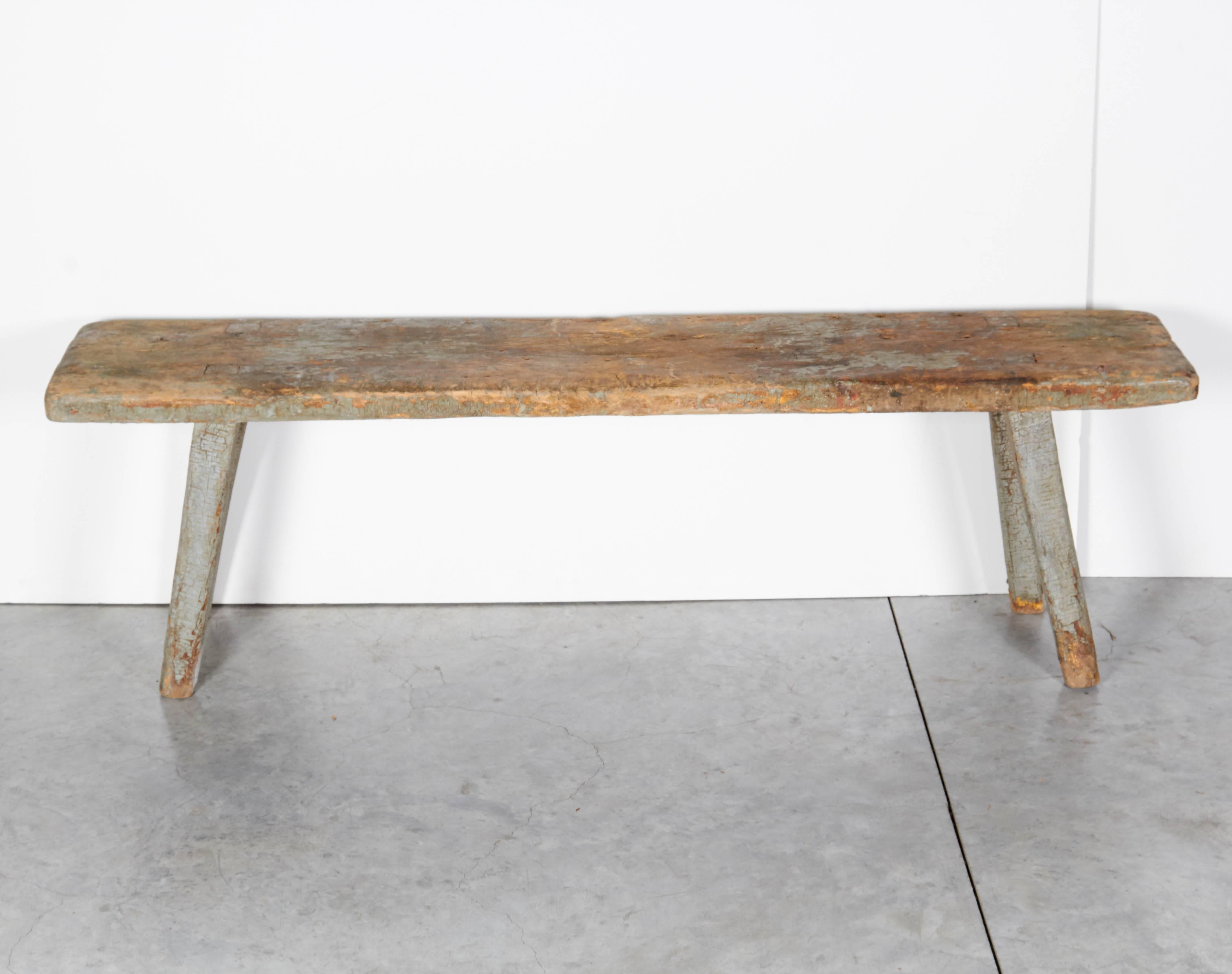 American Perfectly Worn New England Bench, Great Patina, Old Paint