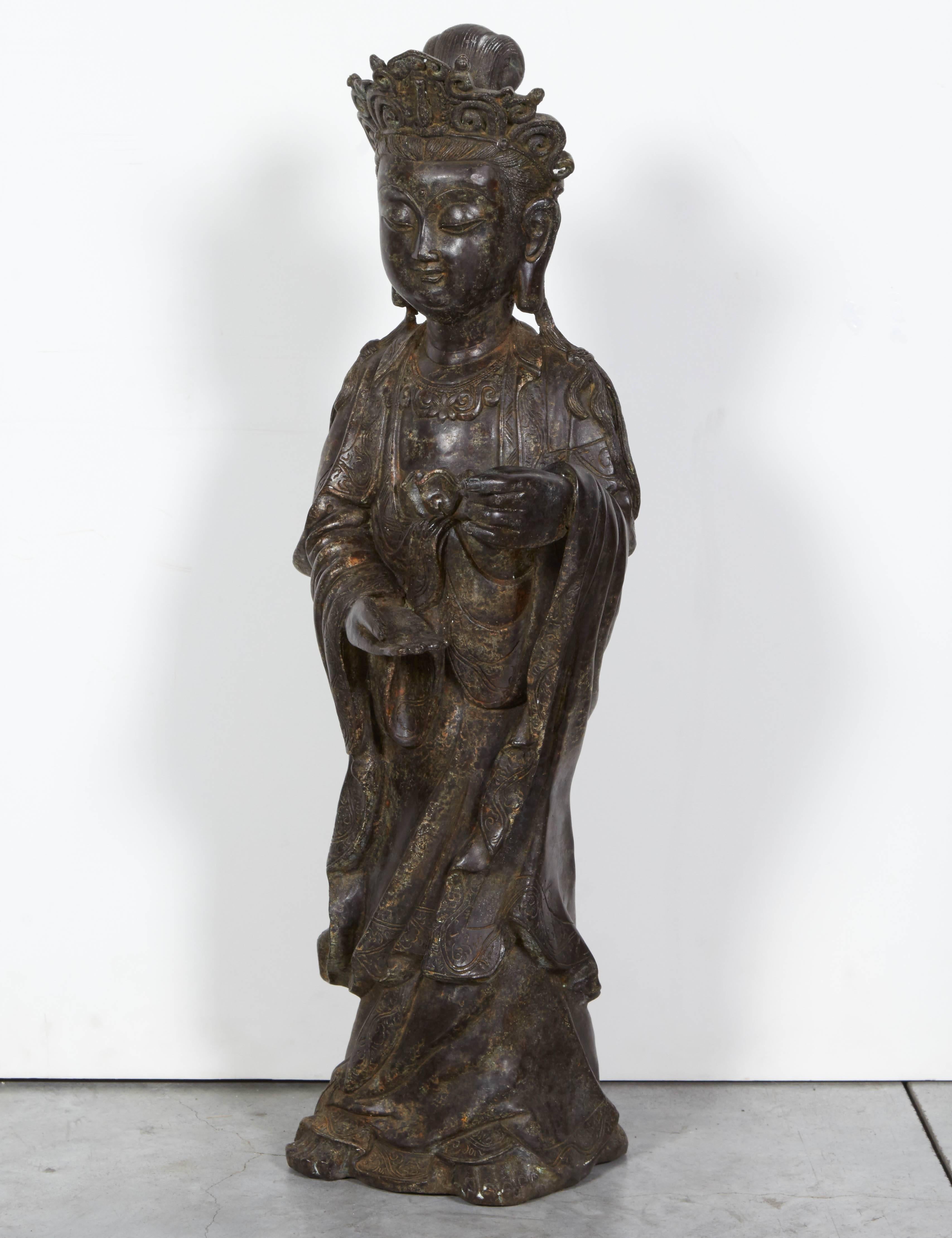 Chinese Standing Antique Bronze Buddha Sculpture with Crown and Elaborate Flowing Robes