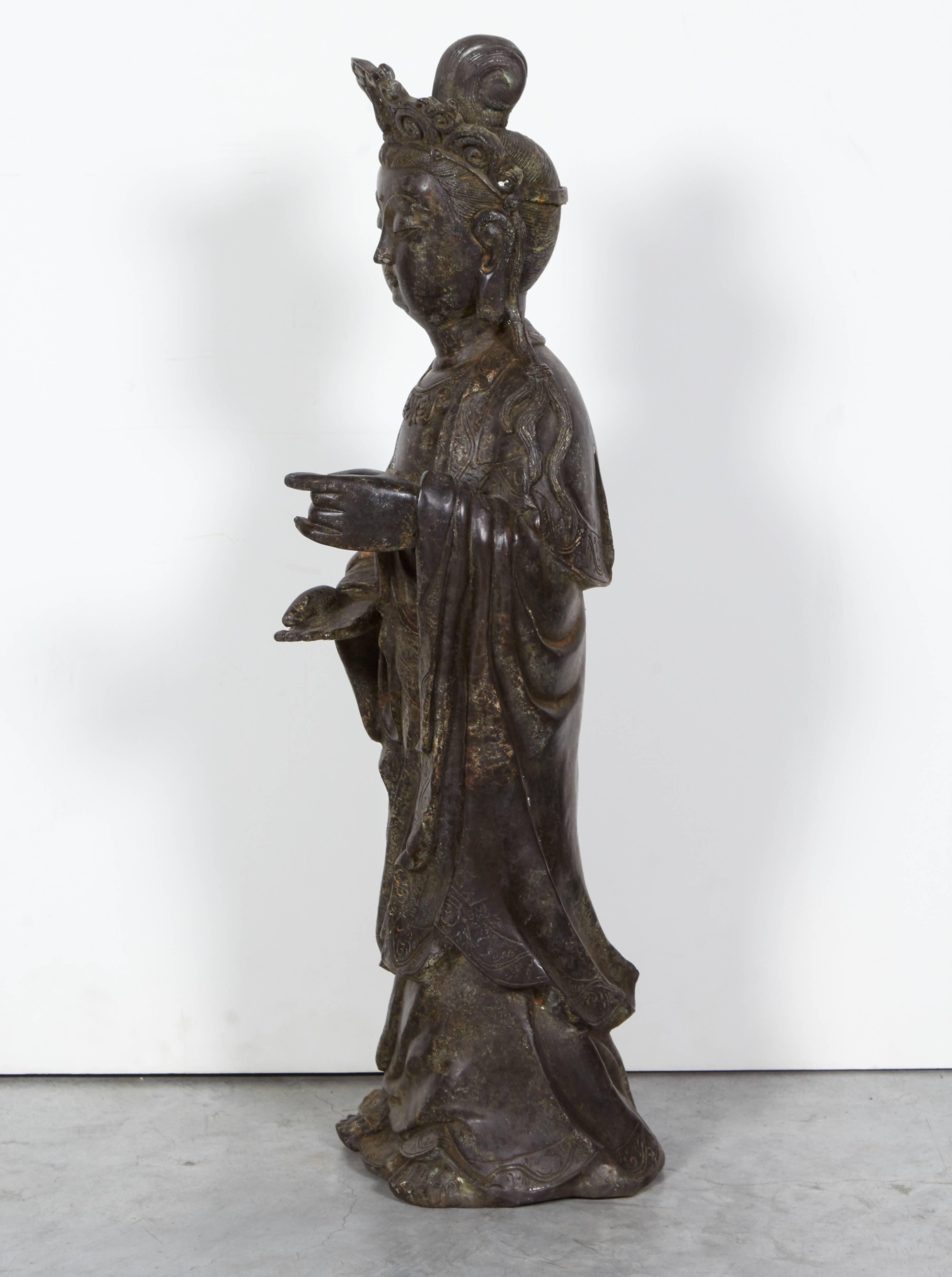 Standing Antique Bronze Buddha Sculpture with Crown and Elaborate Flowing Robes In Excellent Condition In New York, NY