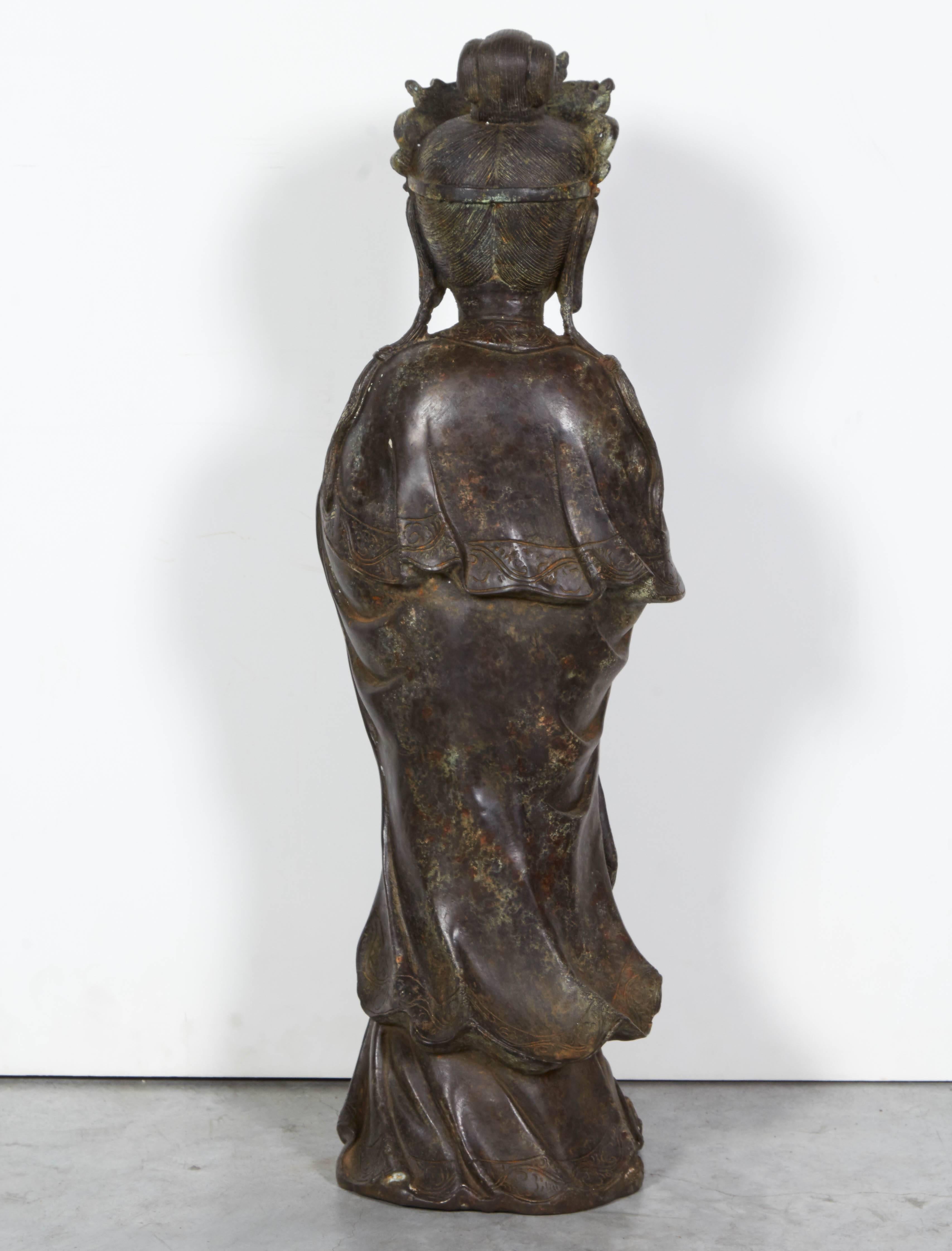 20th Century Standing Antique Bronze Buddha Sculpture with Crown and Elaborate Flowing Robes