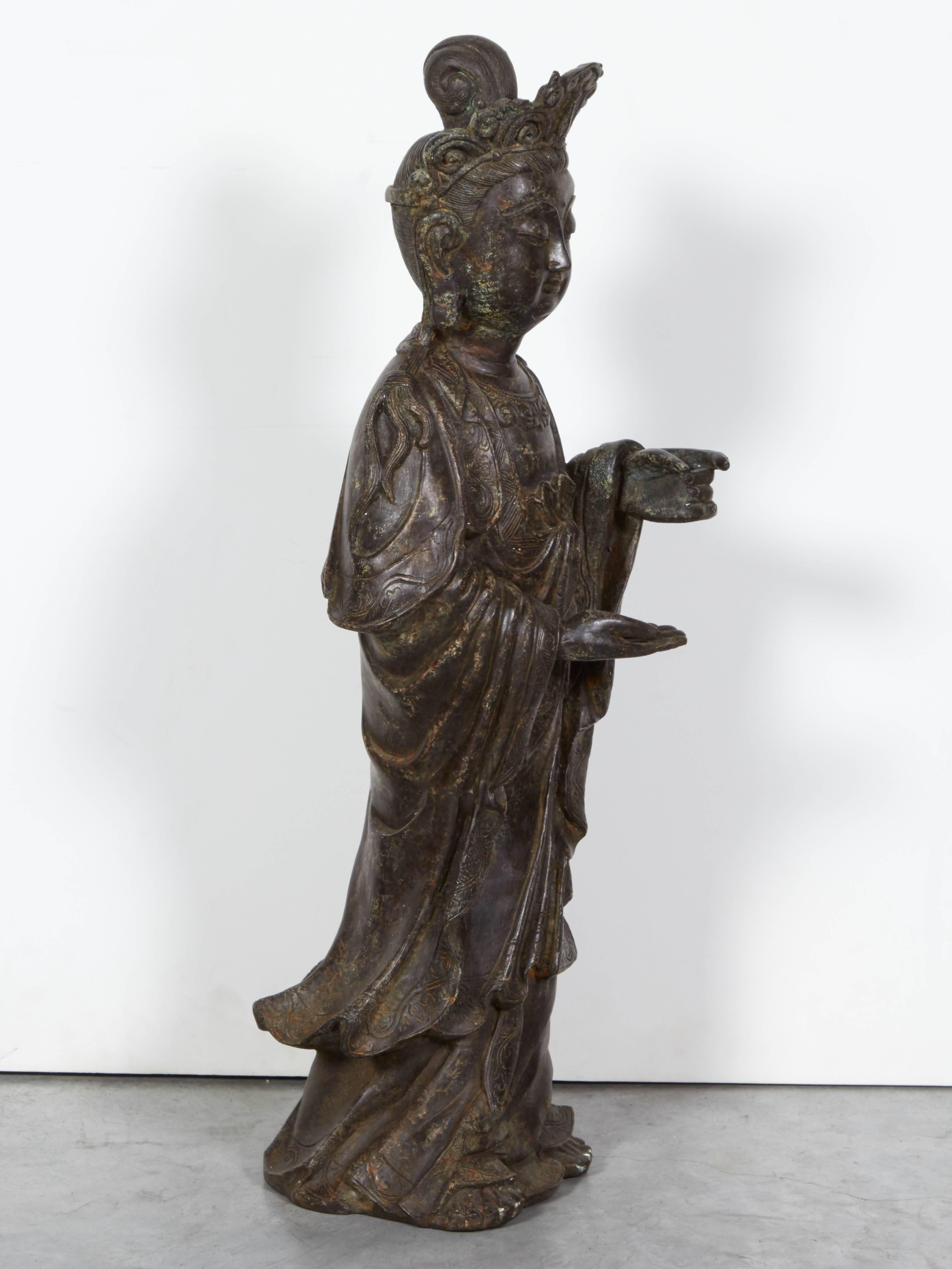 Standing Antique Bronze Buddha Sculpture with Crown and Elaborate Flowing Robes 1