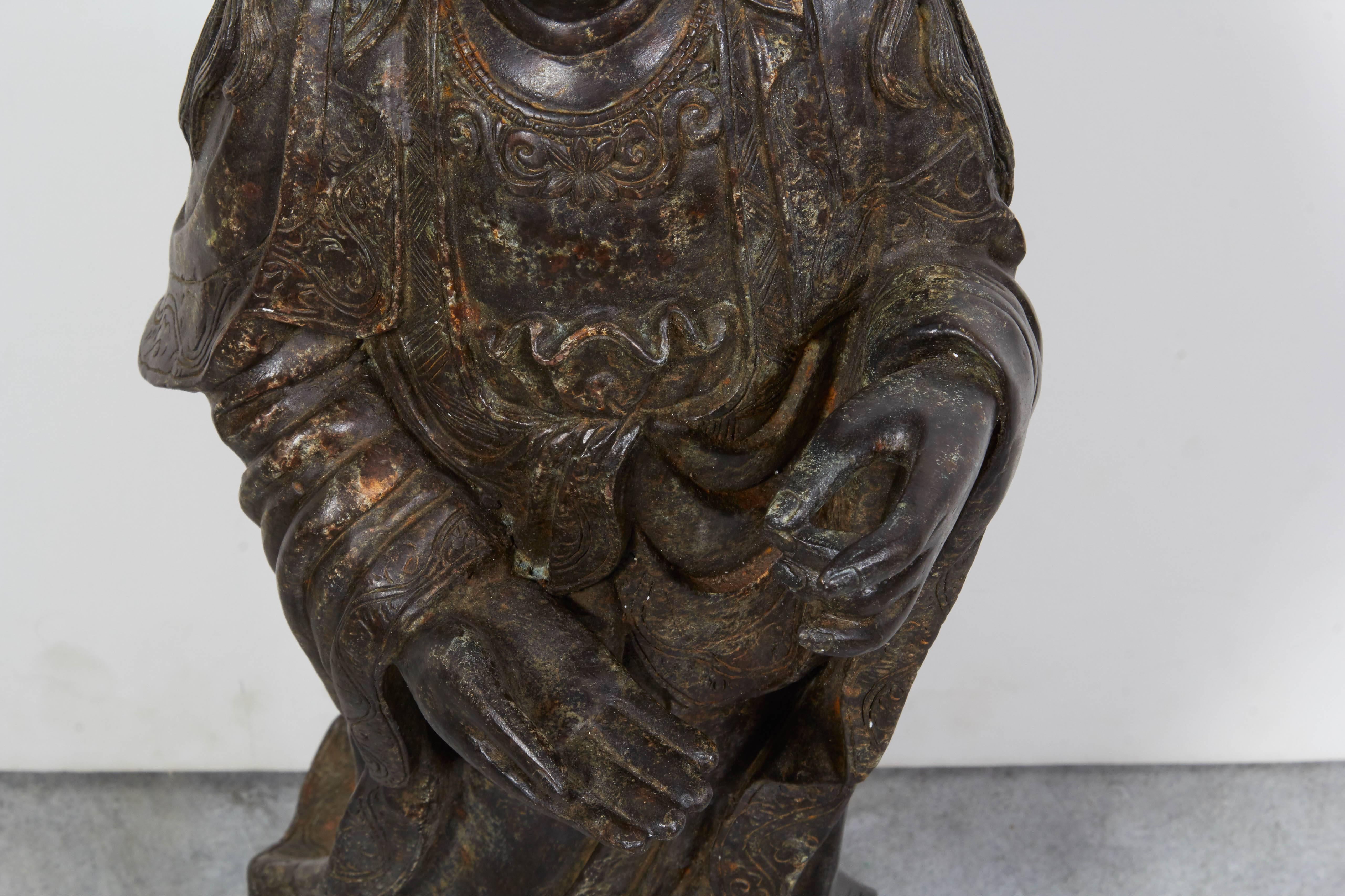 Standing Antique Bronze Buddha Sculpture with Crown and Elaborate Flowing Robes 3