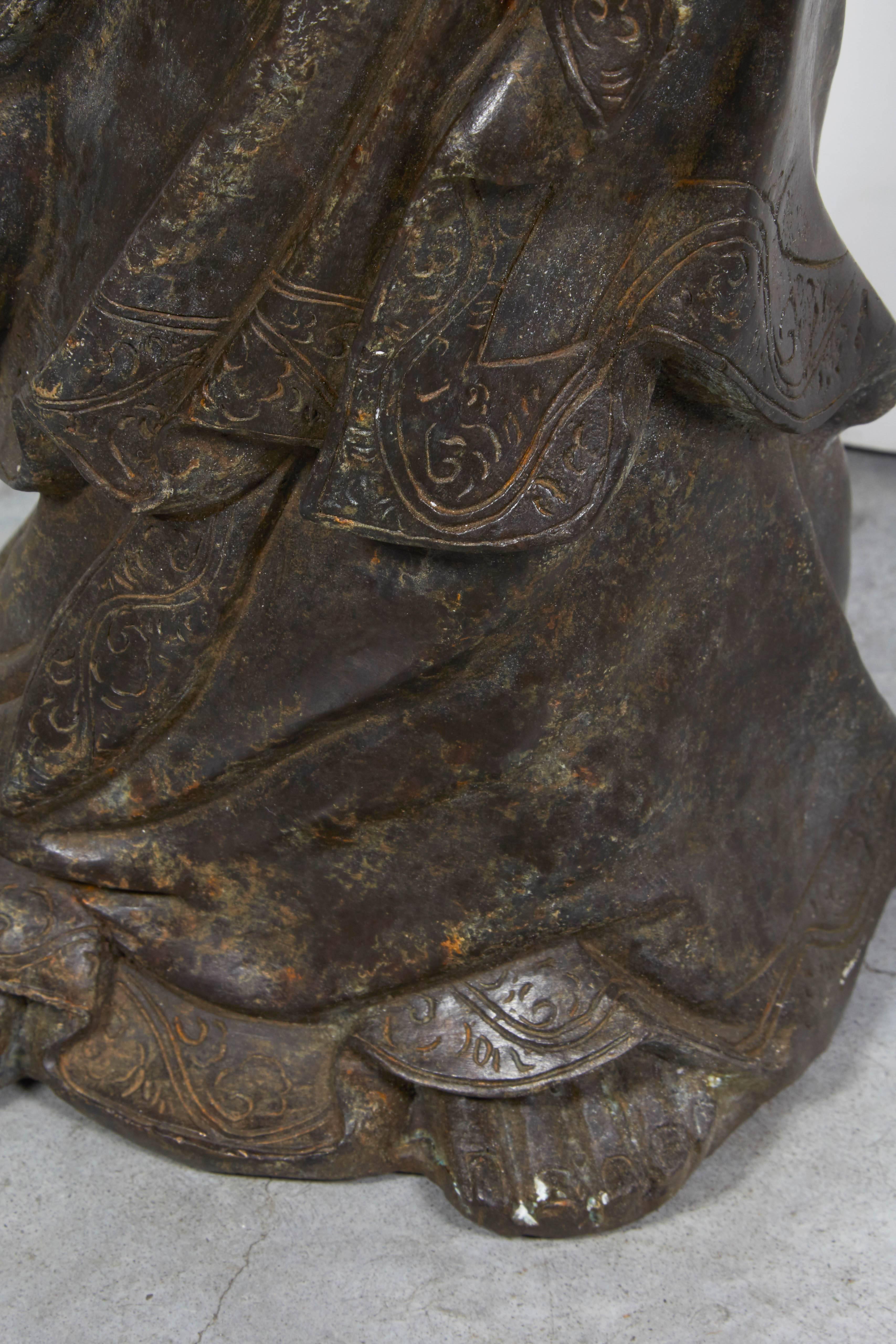 Standing Antique Bronze Buddha Sculpture with Crown and Elaborate Flowing Robes 4