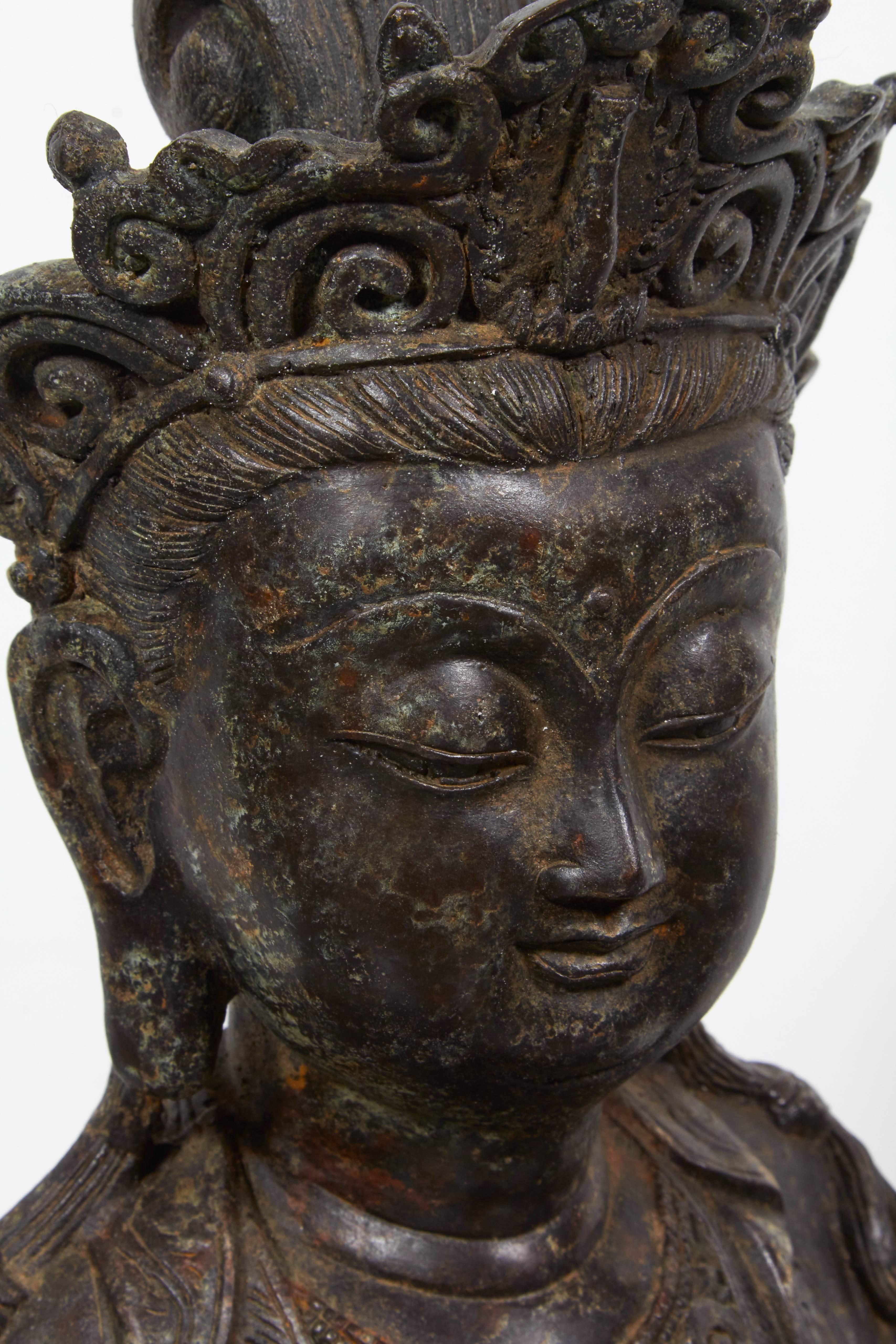 Standing Antique Bronze Buddha Sculpture with Crown and Elaborate Flowing Robes 5
