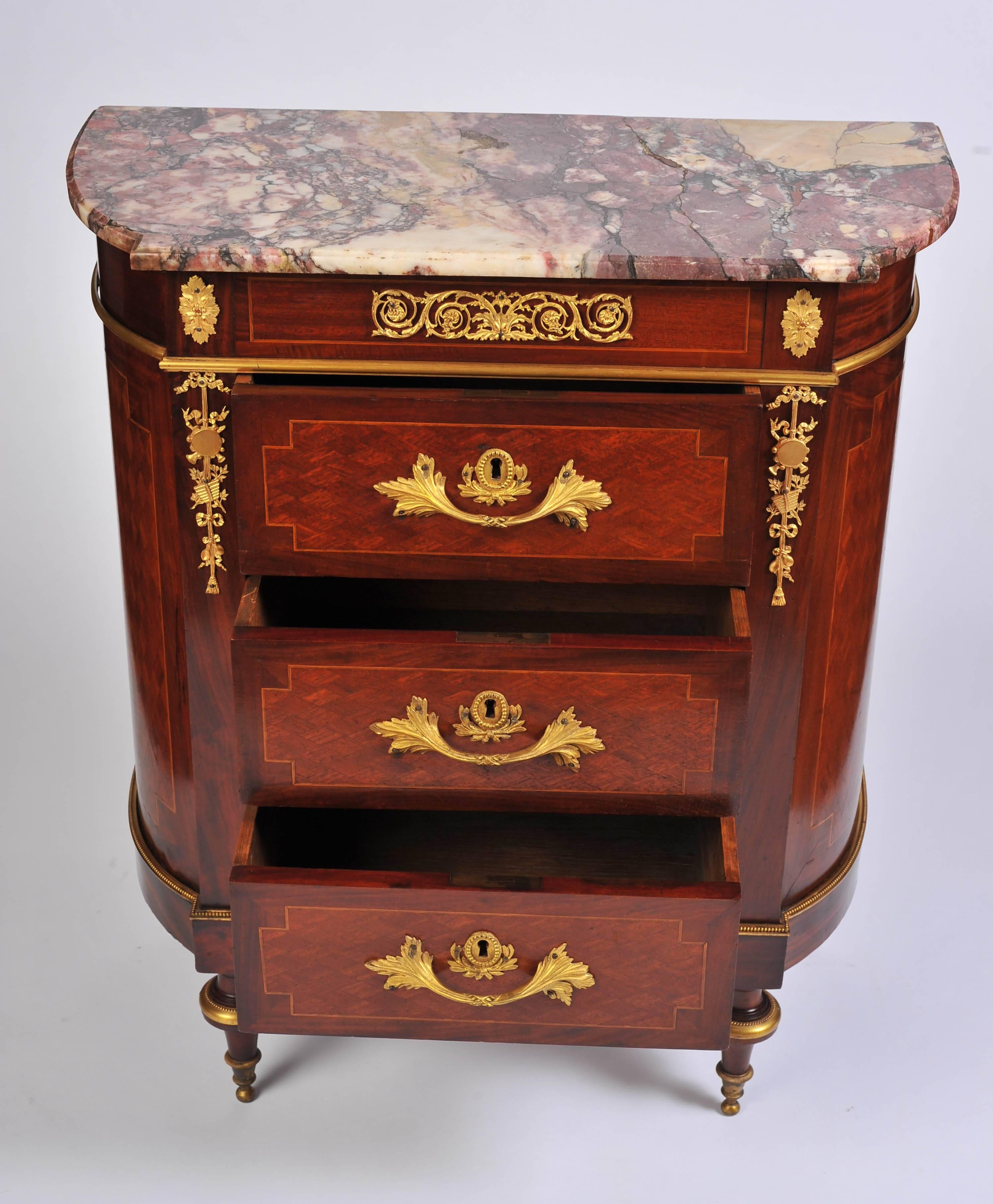 Ormolu Late 19th Century Small Mahogany and Kingwood Commode in the Louis XVI Style