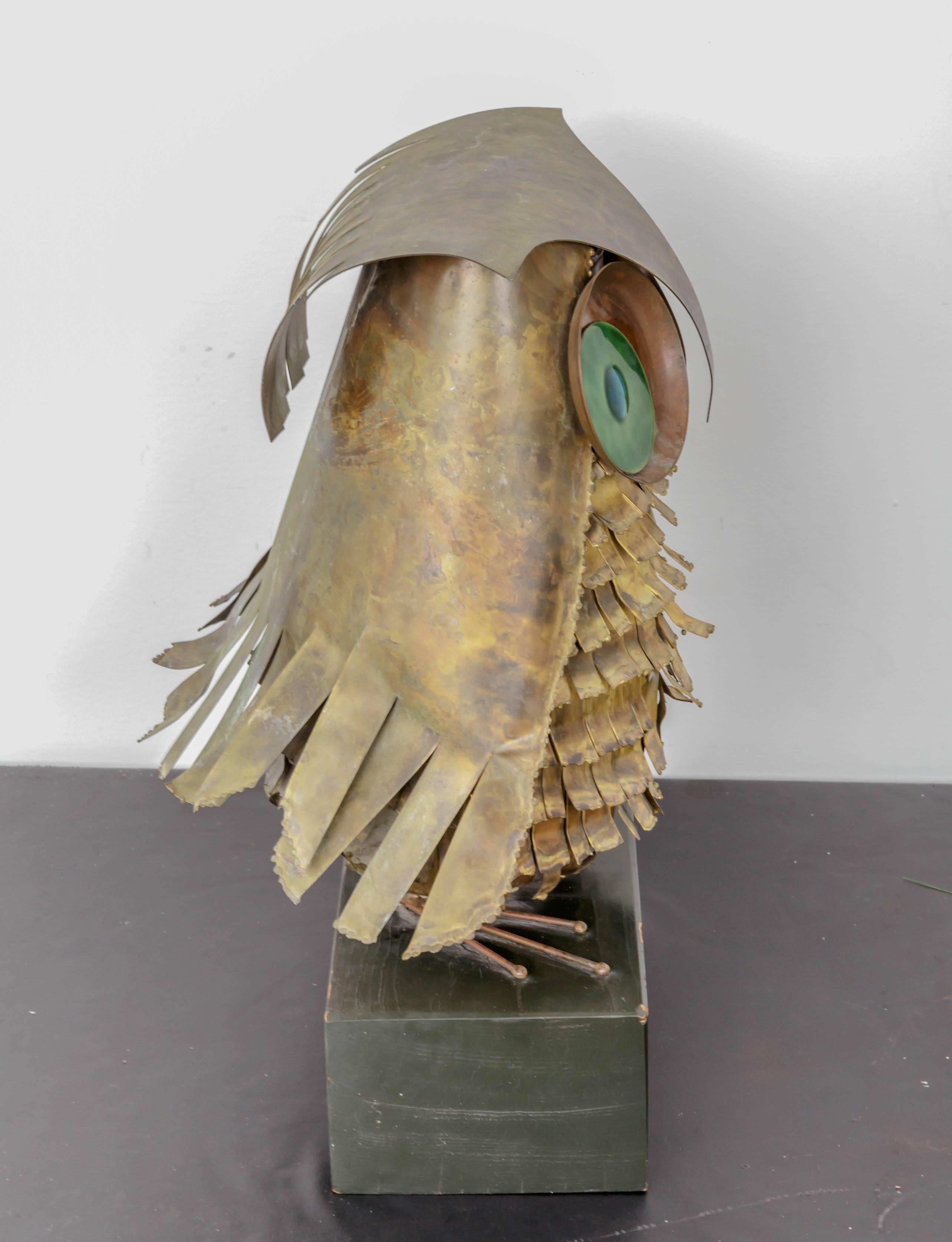 Enamel C. Jere Brass and Copper Owl Sculpture For Sale