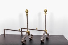 19th Century French Iron and Brass Andirons and Fireplace Tools