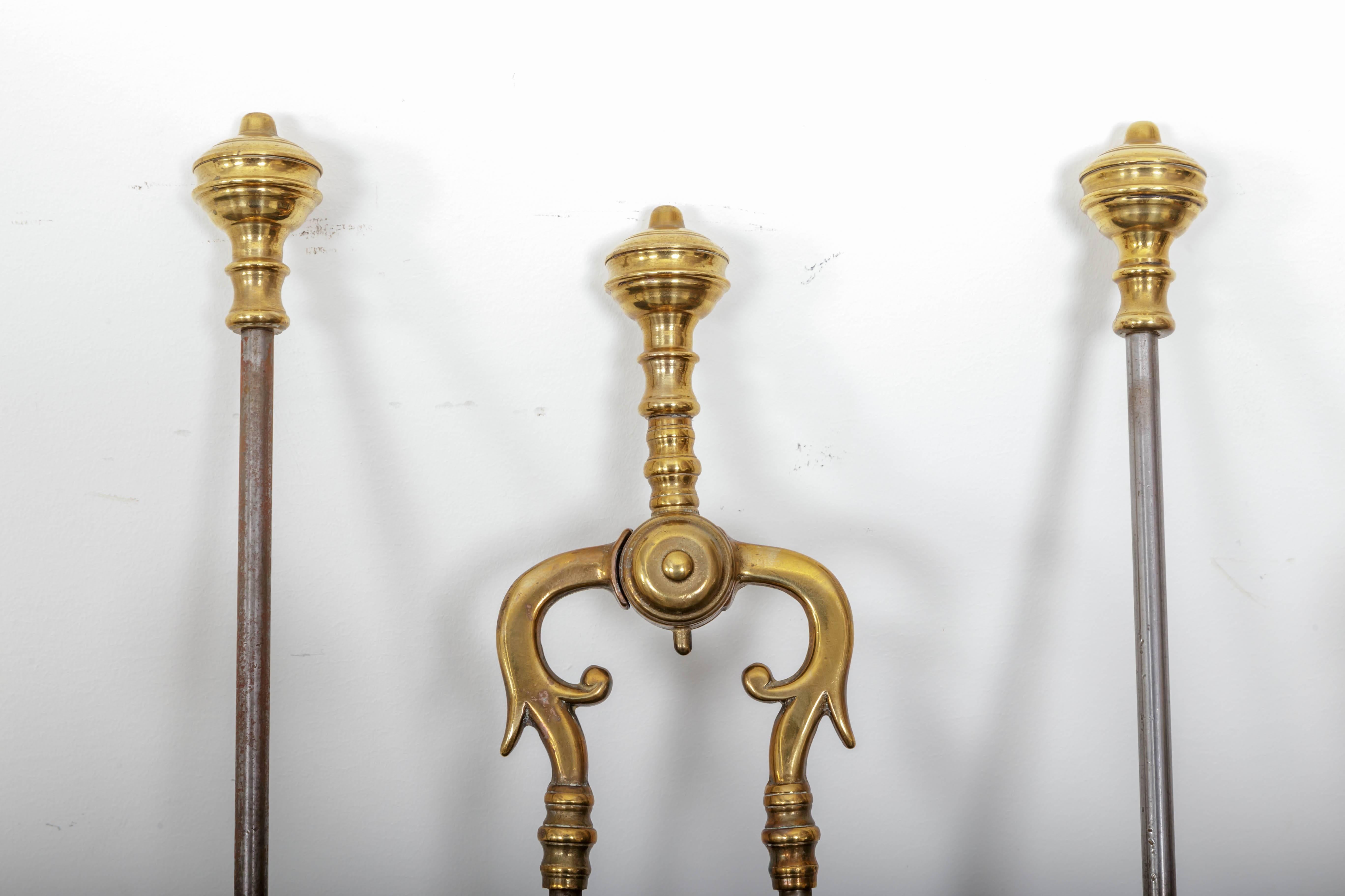 19th Century French Iron and Brass Andirons and Fireplace Tools In Good Condition For Sale In Southampton, NY