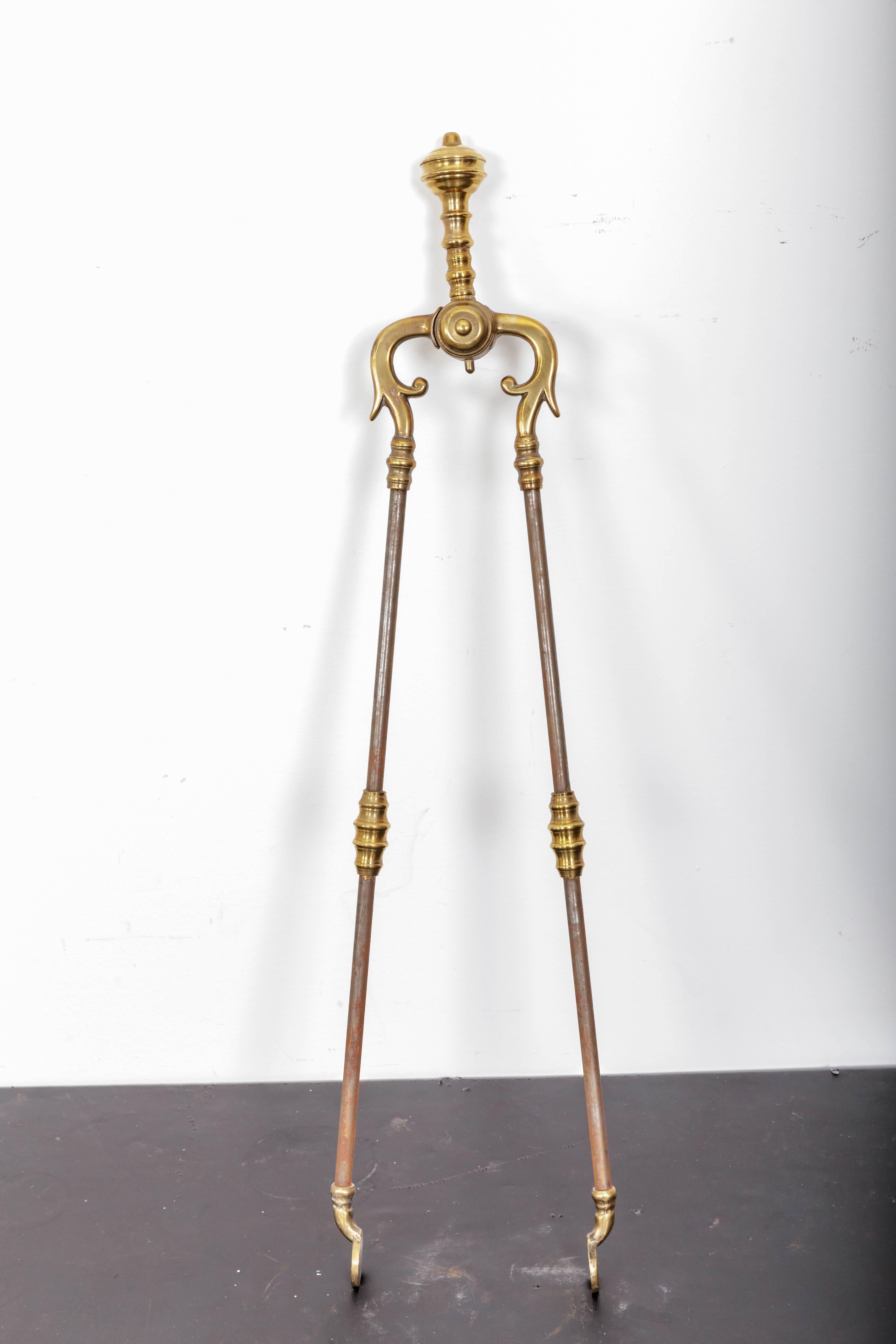 19th Century French Iron and Brass Andirons and Fireplace Tools For Sale 1