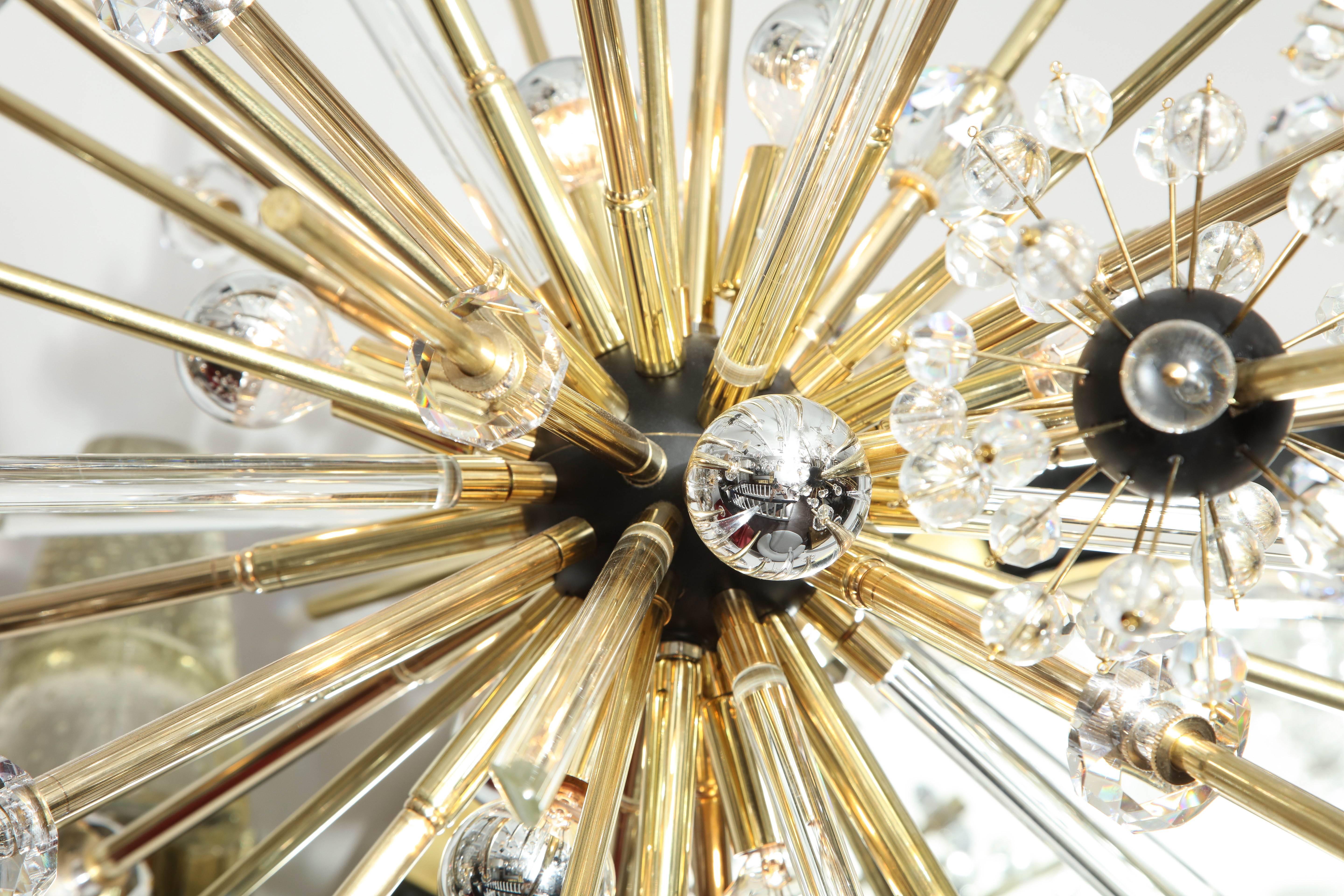 Mid-Century Modern Brass and Austrian Crystal Sputnik Chandelier with Black Centre Spheres For Sale