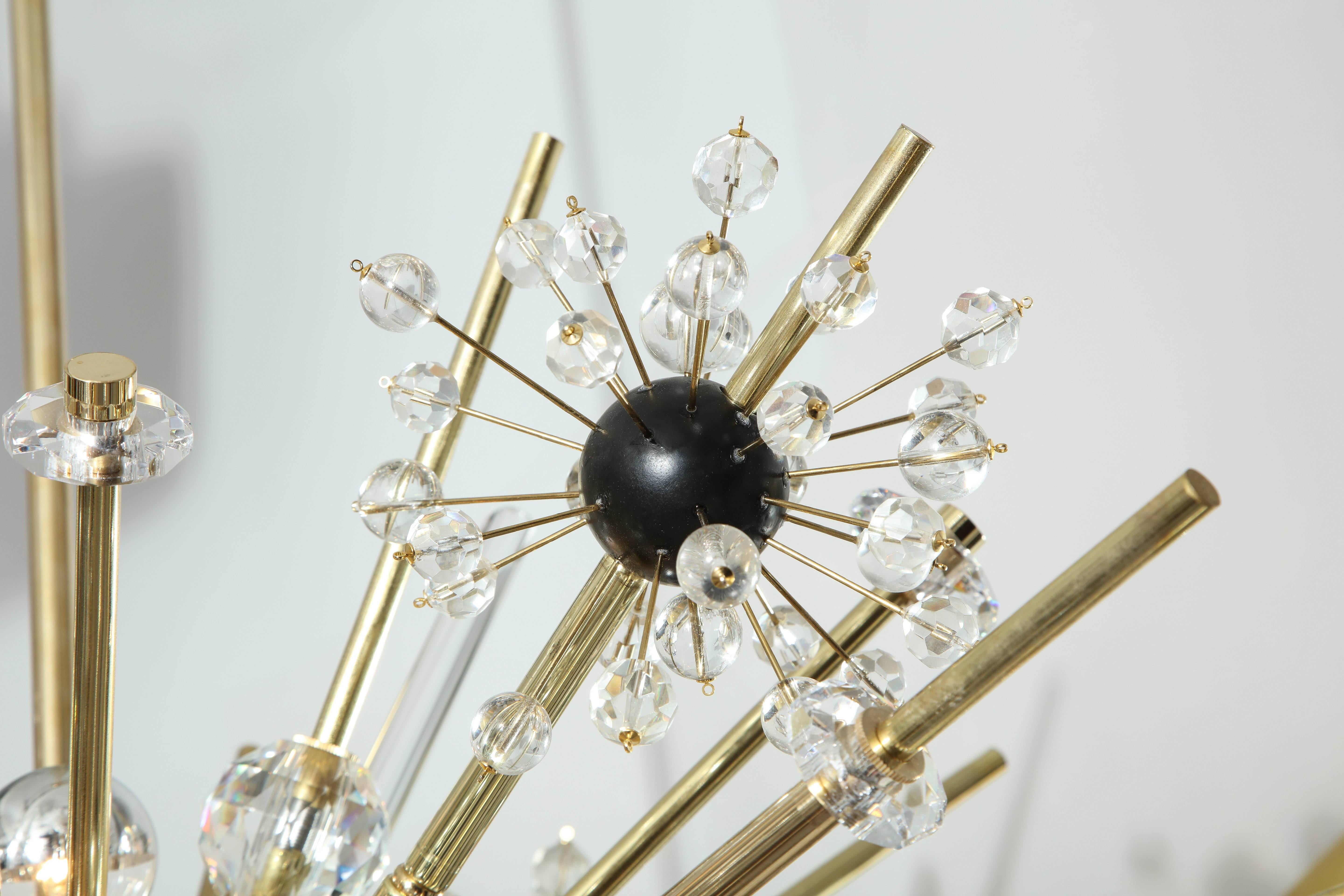 American Brass and Austrian Crystal Sputnik Chandelier with Black Centre Spheres For Sale