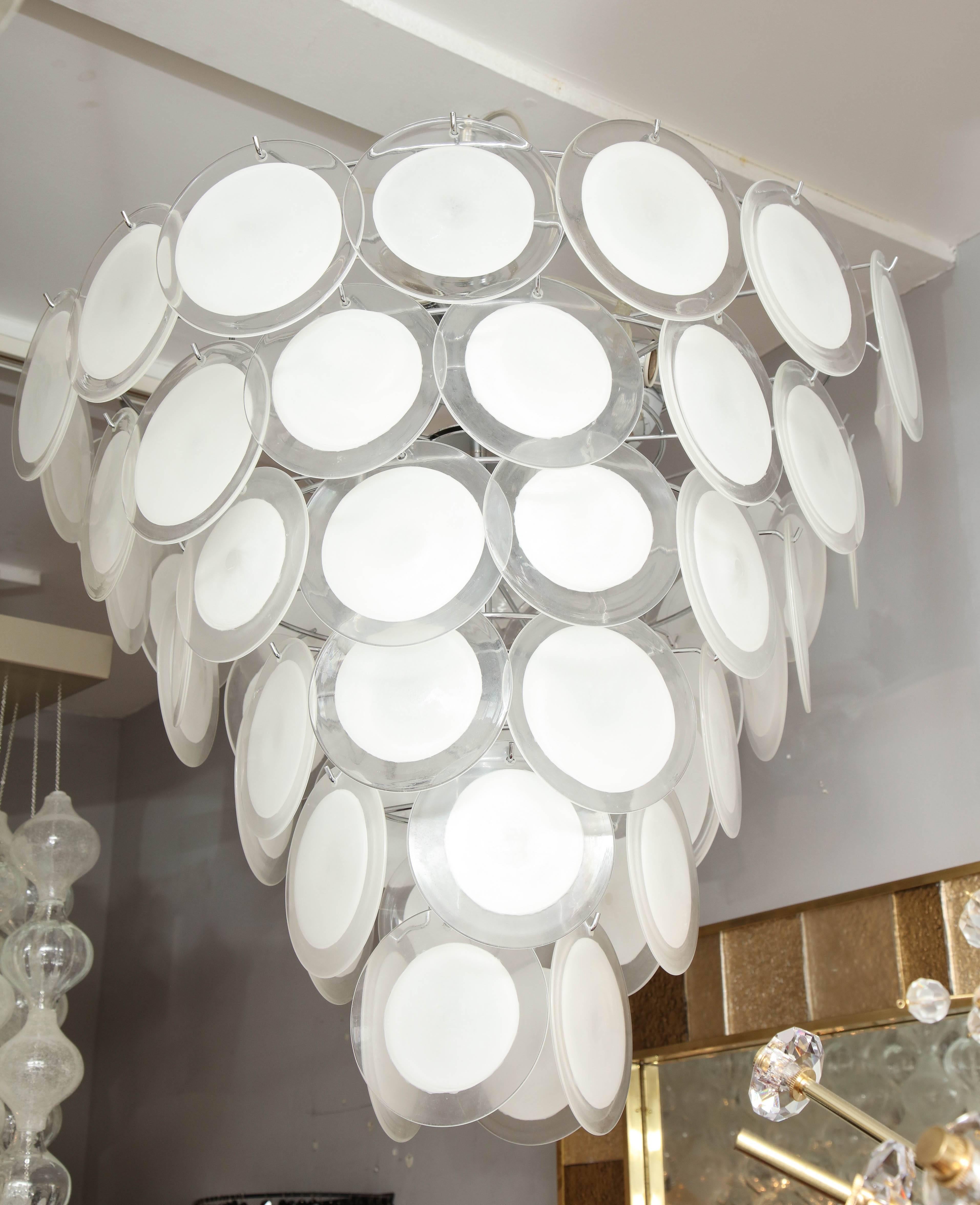 Mid-Century Modern Custom White Murano Glass Disc Tiered Chandelier For Sale