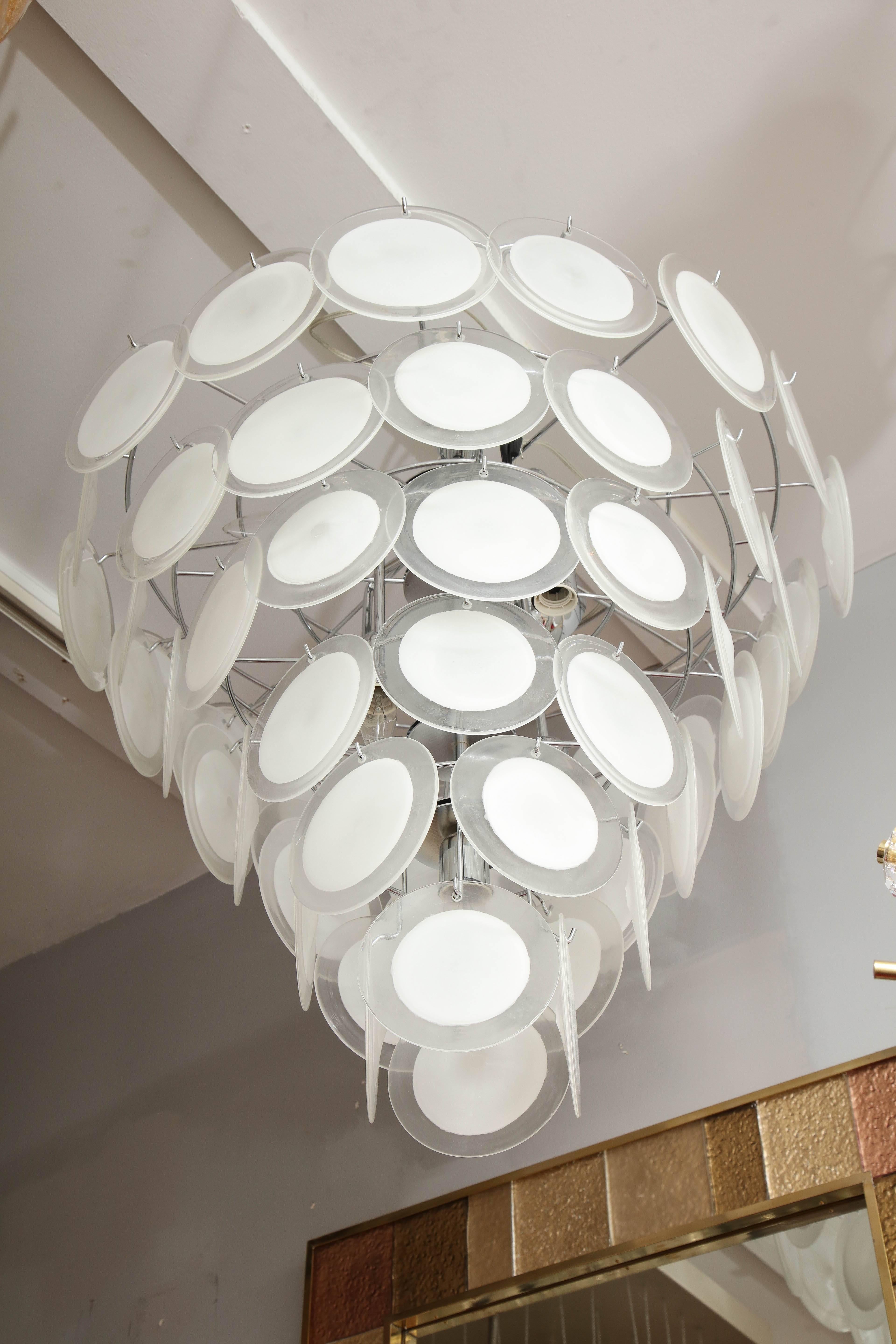 Custom White Murano Glass Disc Tiered Chandelier In New Condition For Sale In New York, NY