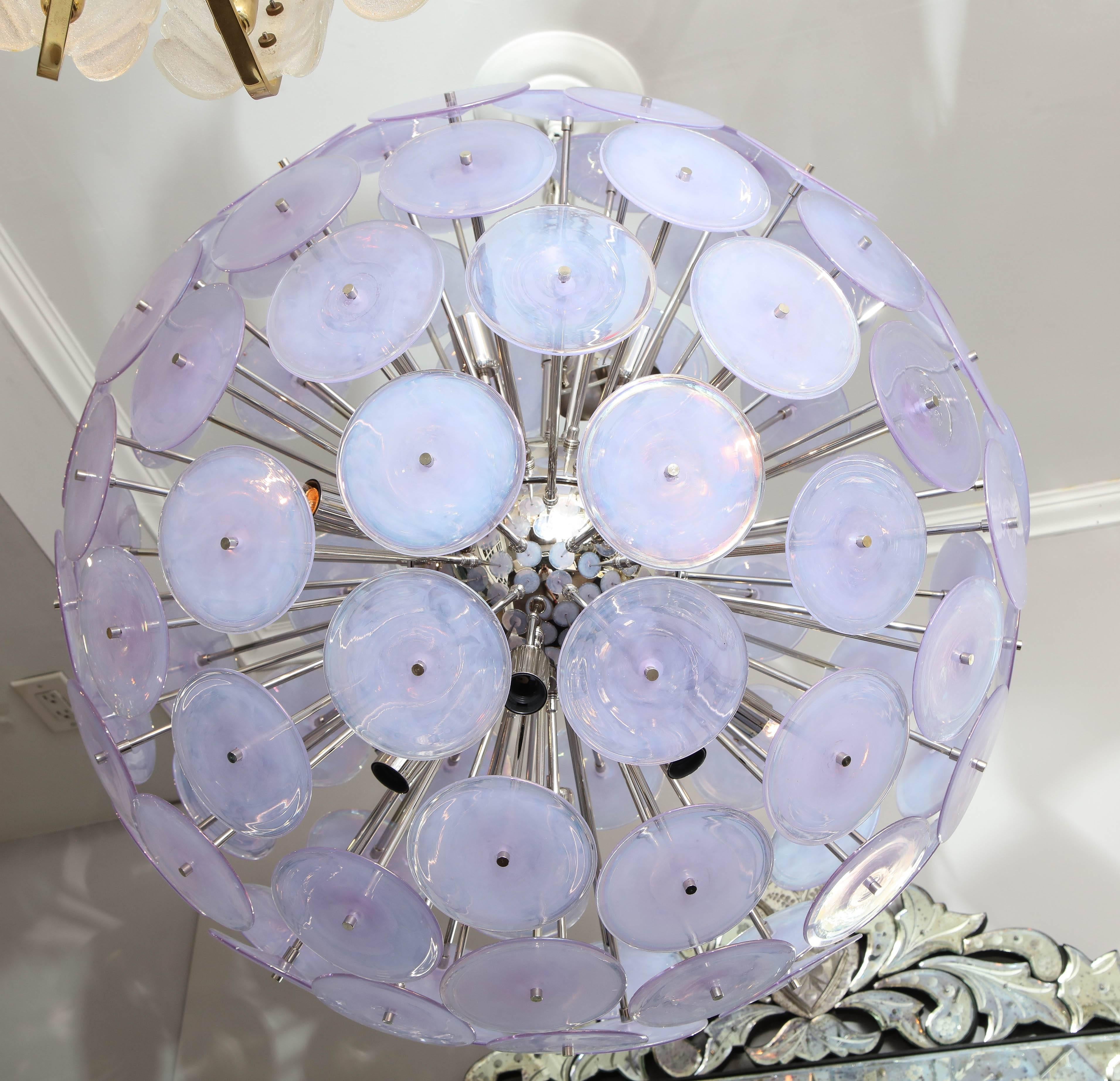 Custom large Alex Iridescent Murano glass disc sputnik chandelier in stainless steel finish. Customization is available in different sizes, finishes and glass colors.
