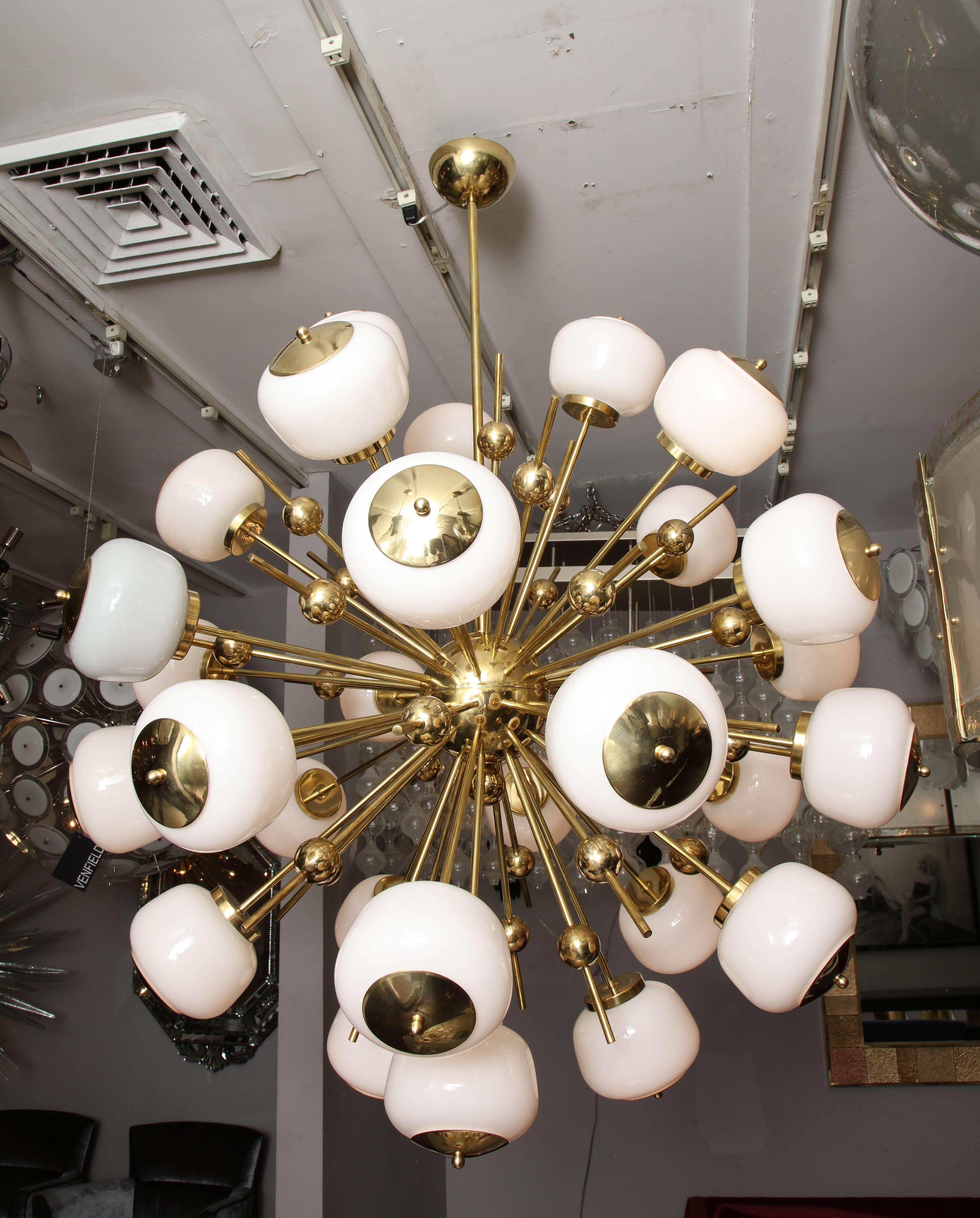 Italian milk glass and brass Sputnik chandelier. Customization is available in different sizes and finishes.