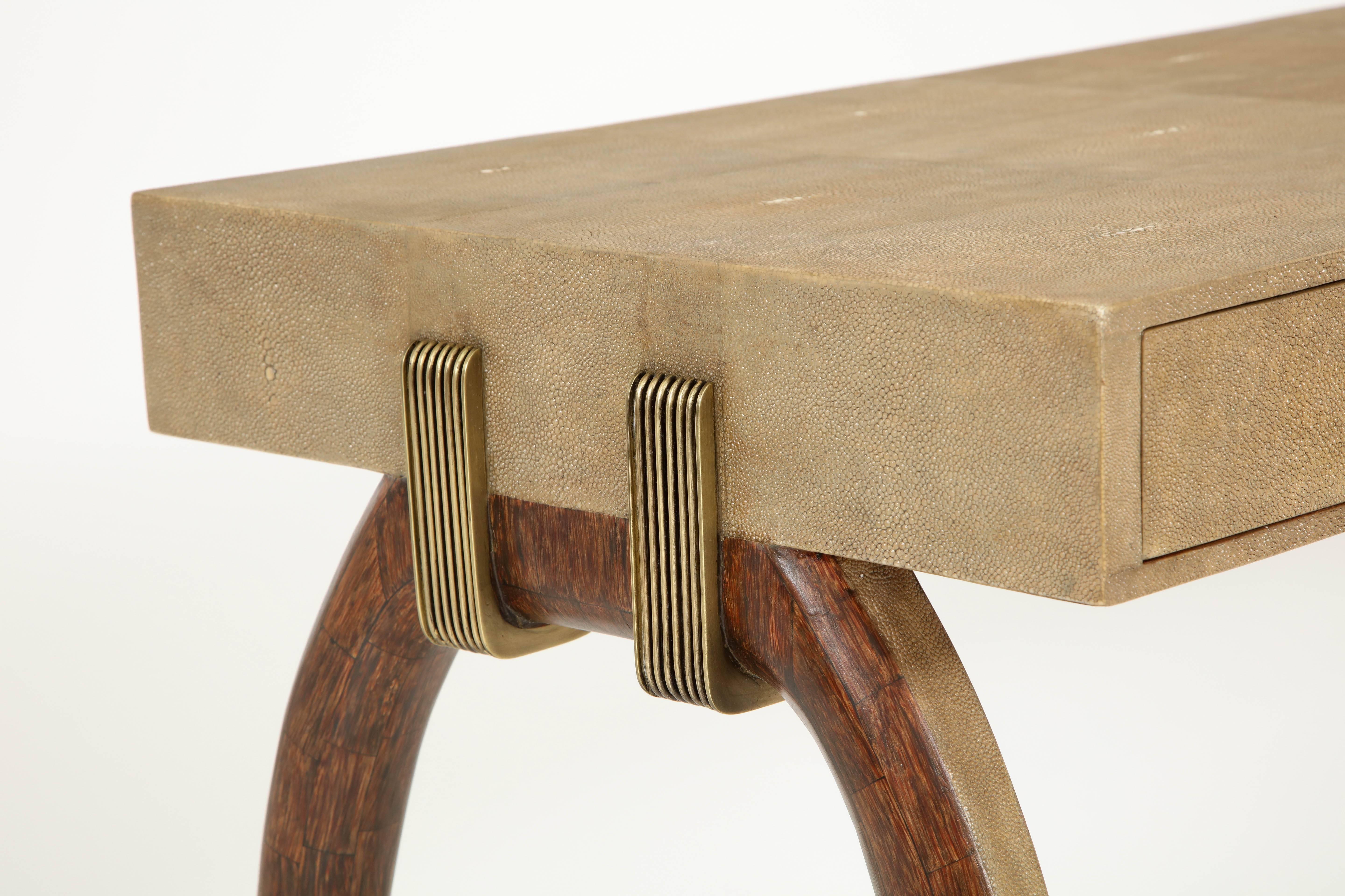 Art Deco Desk, Shagreen with Brass and Palm Wood Details, Contemporary, Khaki Color
