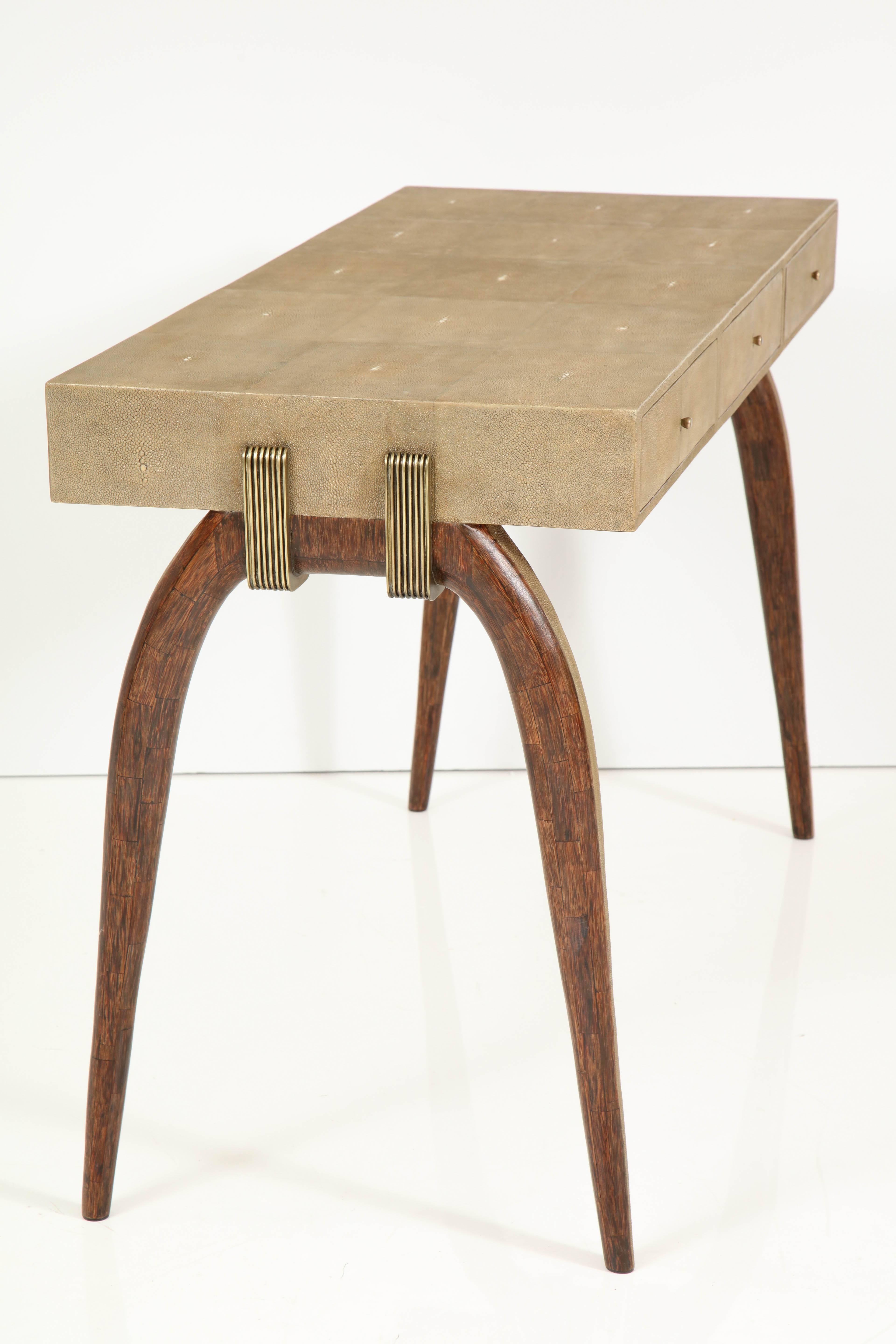 Hand-Crafted Desk, Shagreen with Brass and Palm Wood Details, Contemporary, Khaki Color