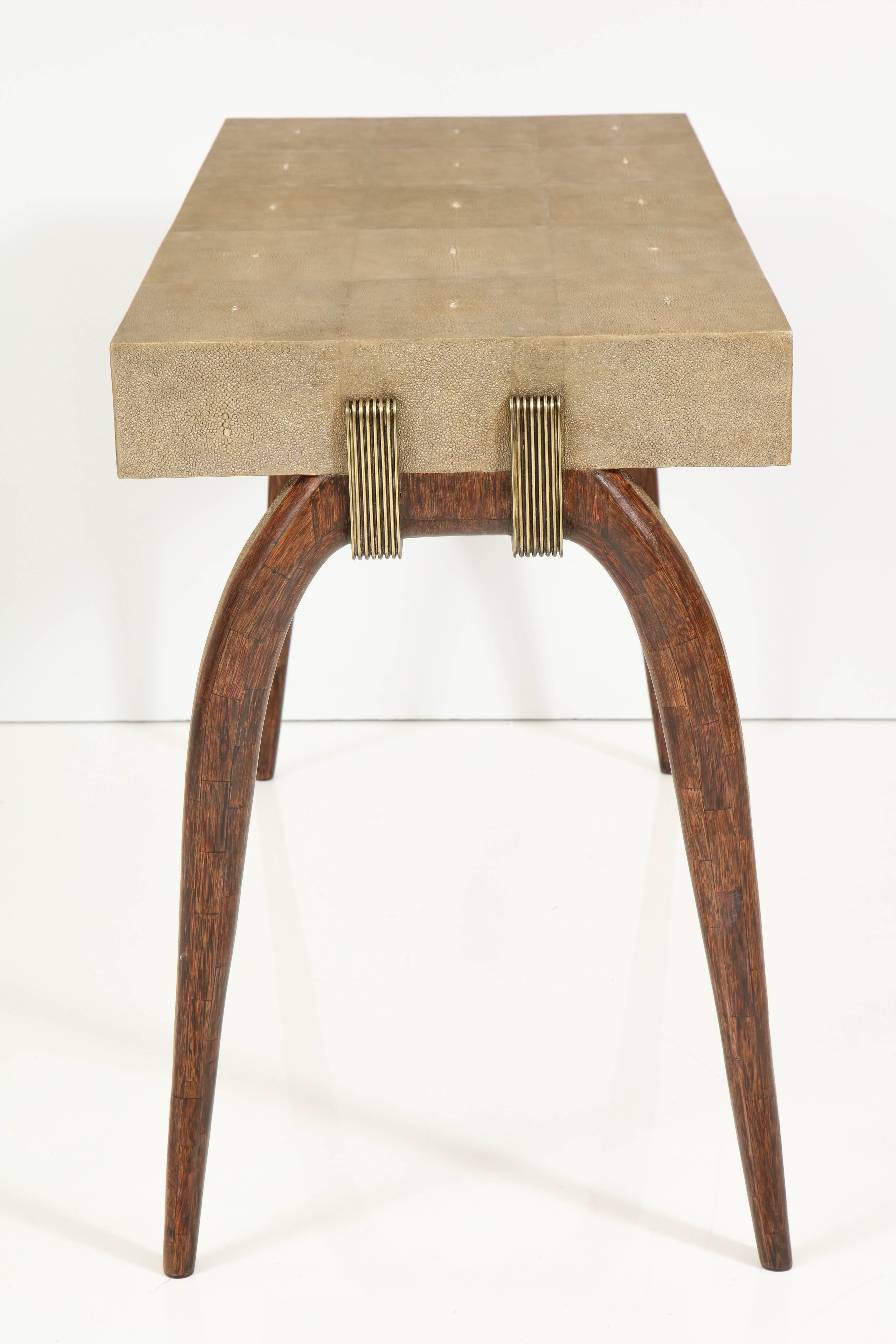 Desk, Shagreen with Brass and Palm Wood Details, Contemporary, Khaki Color In New Condition In New York, NY