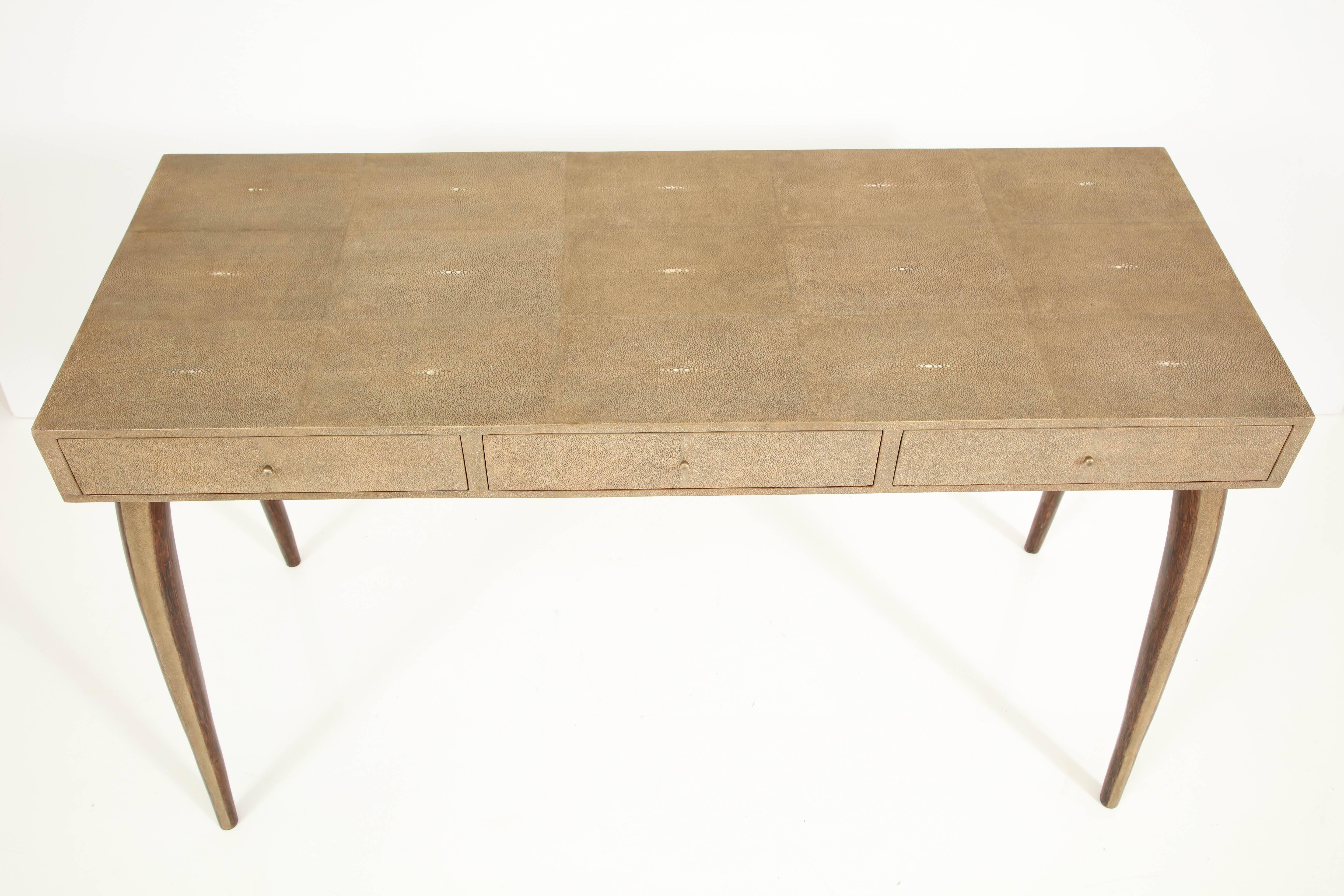 Desk, Shagreen with Brass and Palm Wood Details, Contemporary, Khaki Color 2