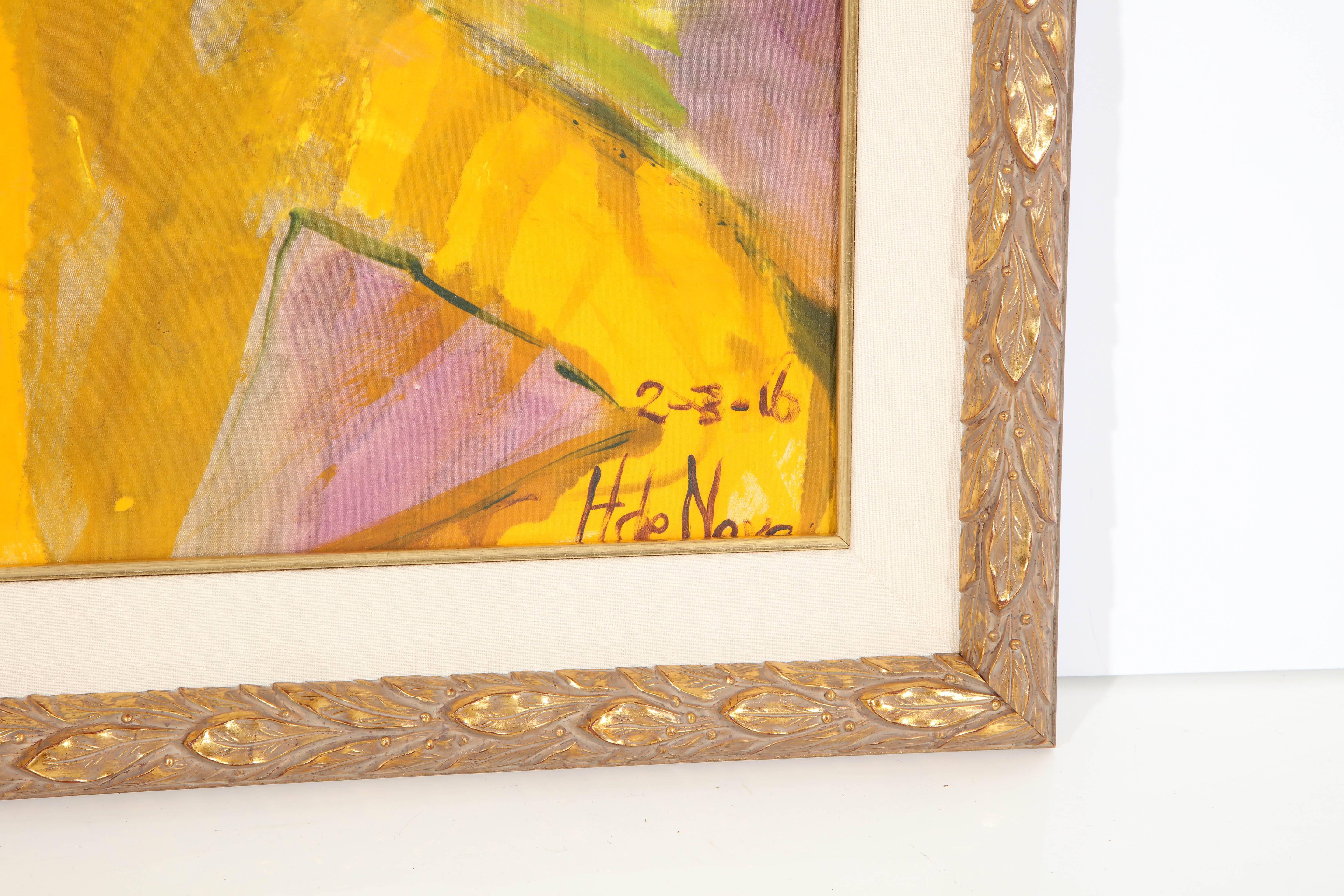 Dekoratives Gemälde von Hanneke De Neve, Holland, ca. 2016.
Acryl auf Seidenstoff. Gerahmt in einem schönen Goldblatt-Holzrahmen mit einer Leineneinlage.