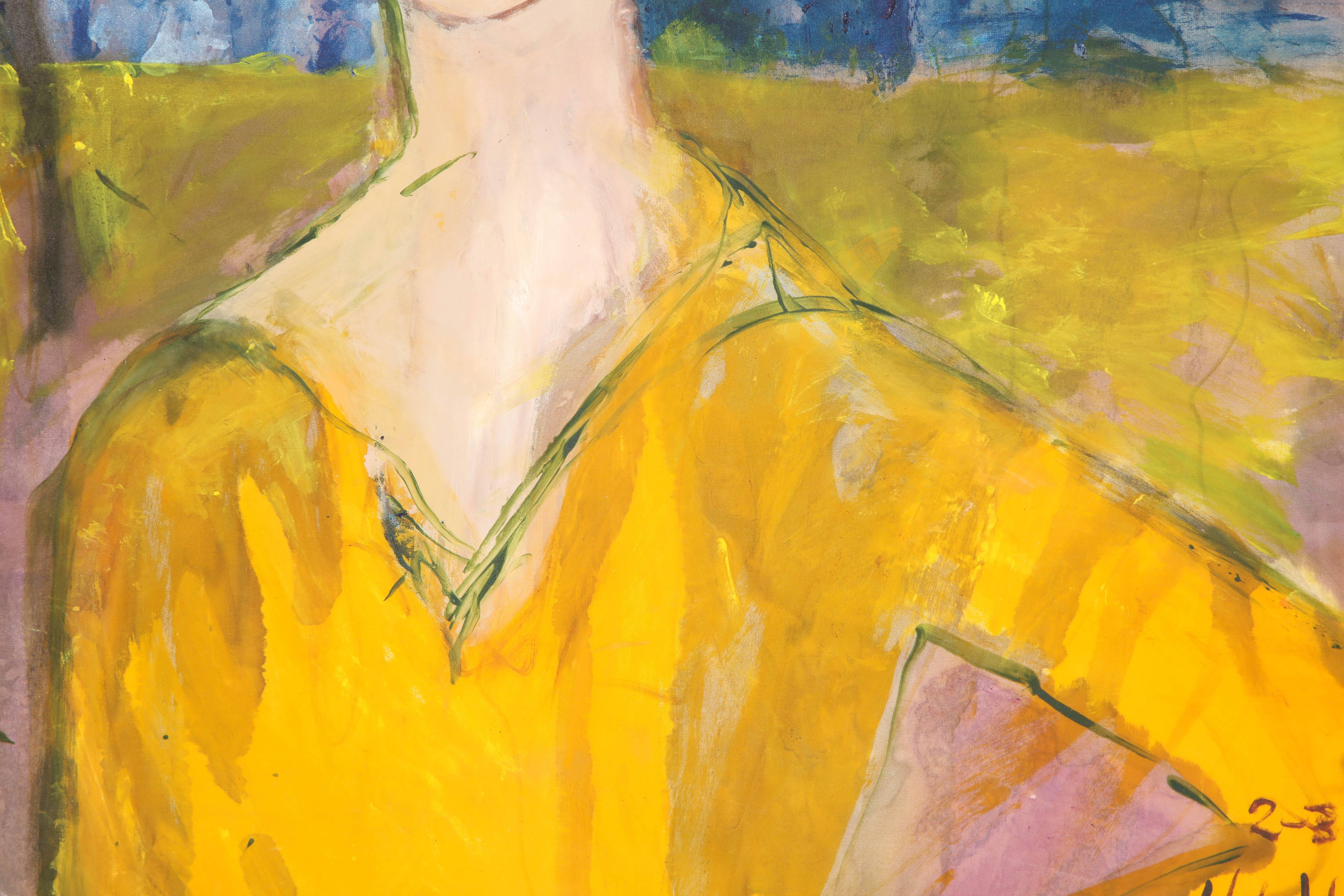 Gemälde, „Die goldene Dame“,  Gemalt auf Seidenstoff, Modern Contemporary Art (Handgefertigt) im Angebot