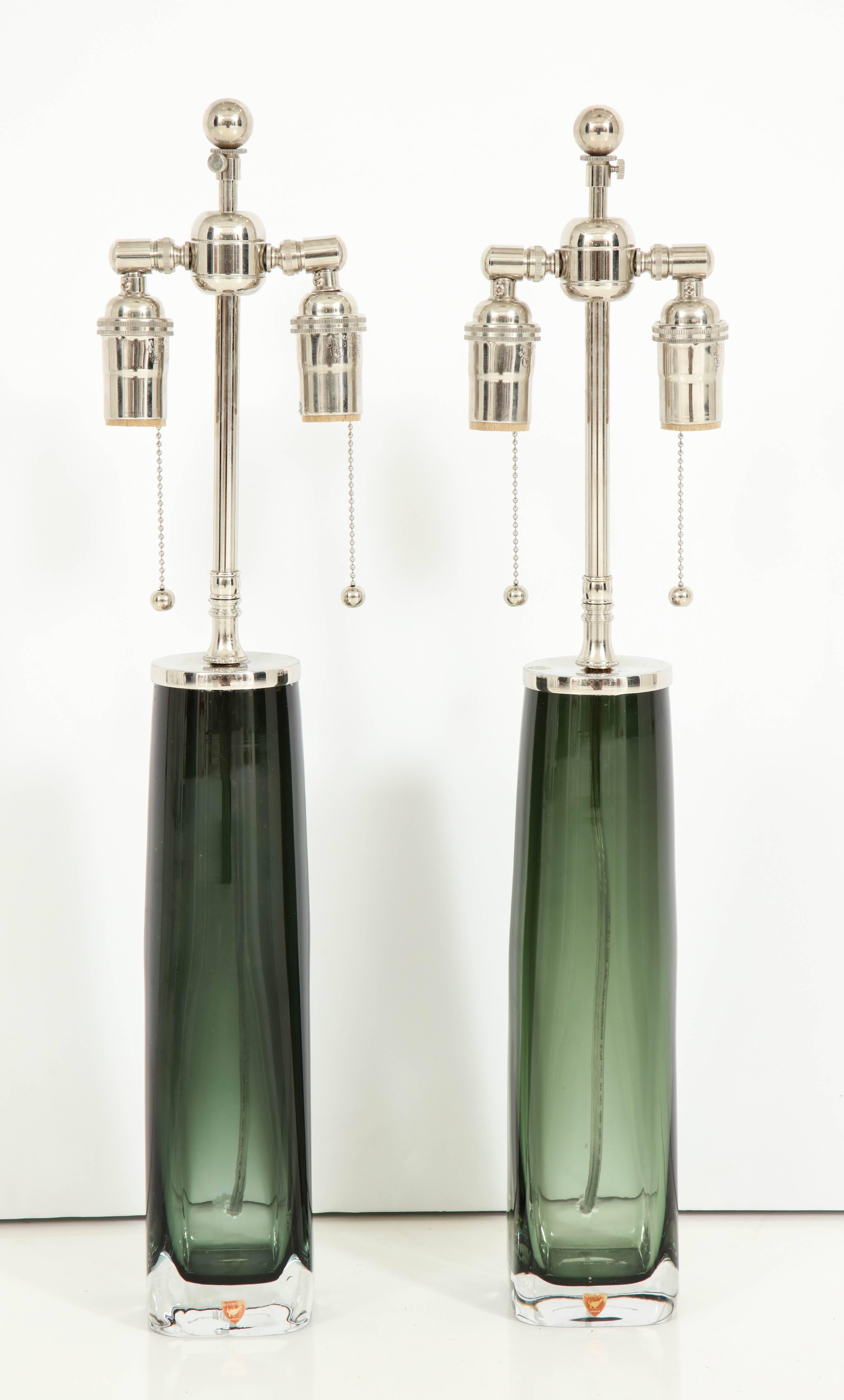 Scandinavian Modern Forest Green Crystal Lamps by Orrefors