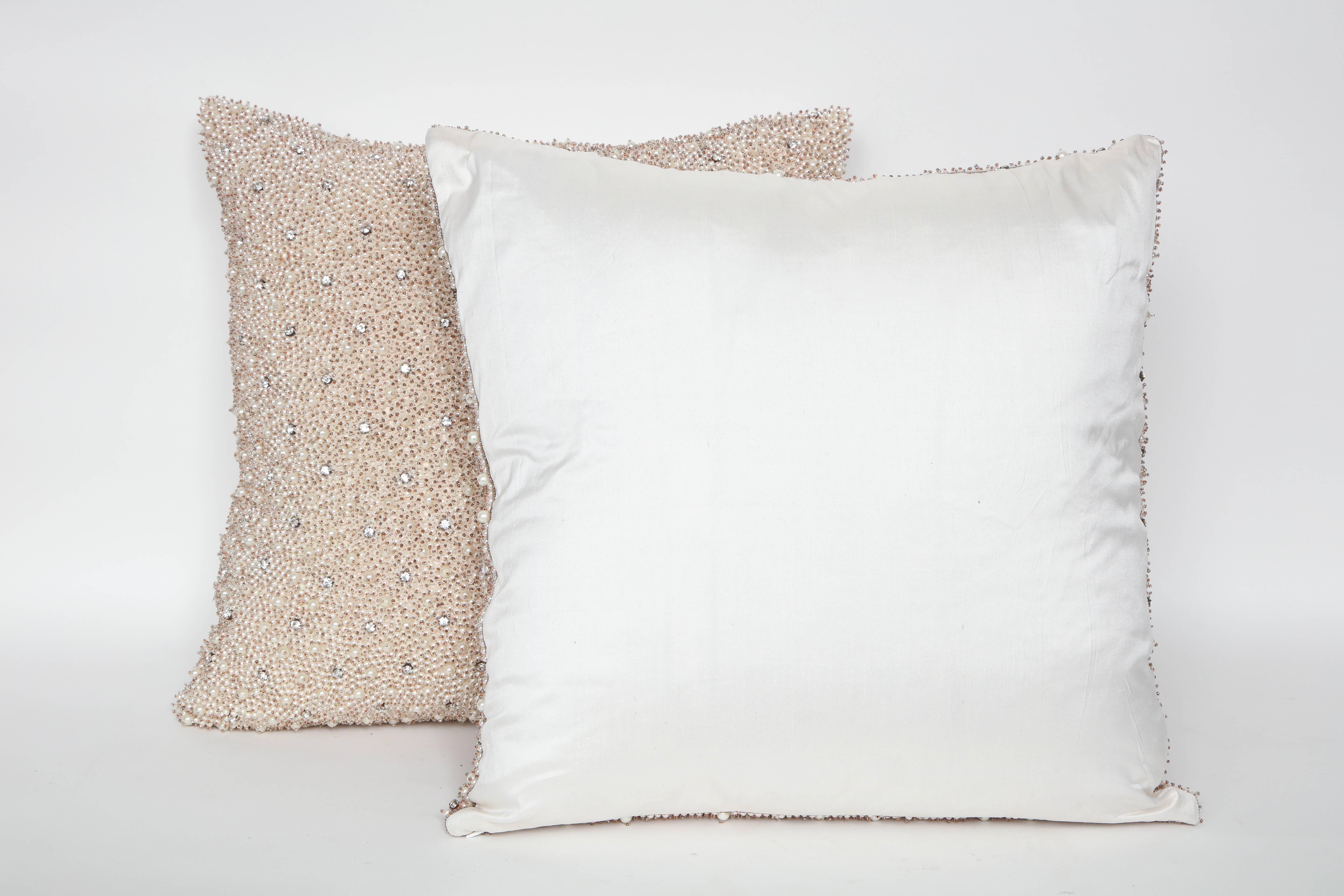 Hollywood Regency Custom Pair of Pearl and Rhinestone Embellished Pillows