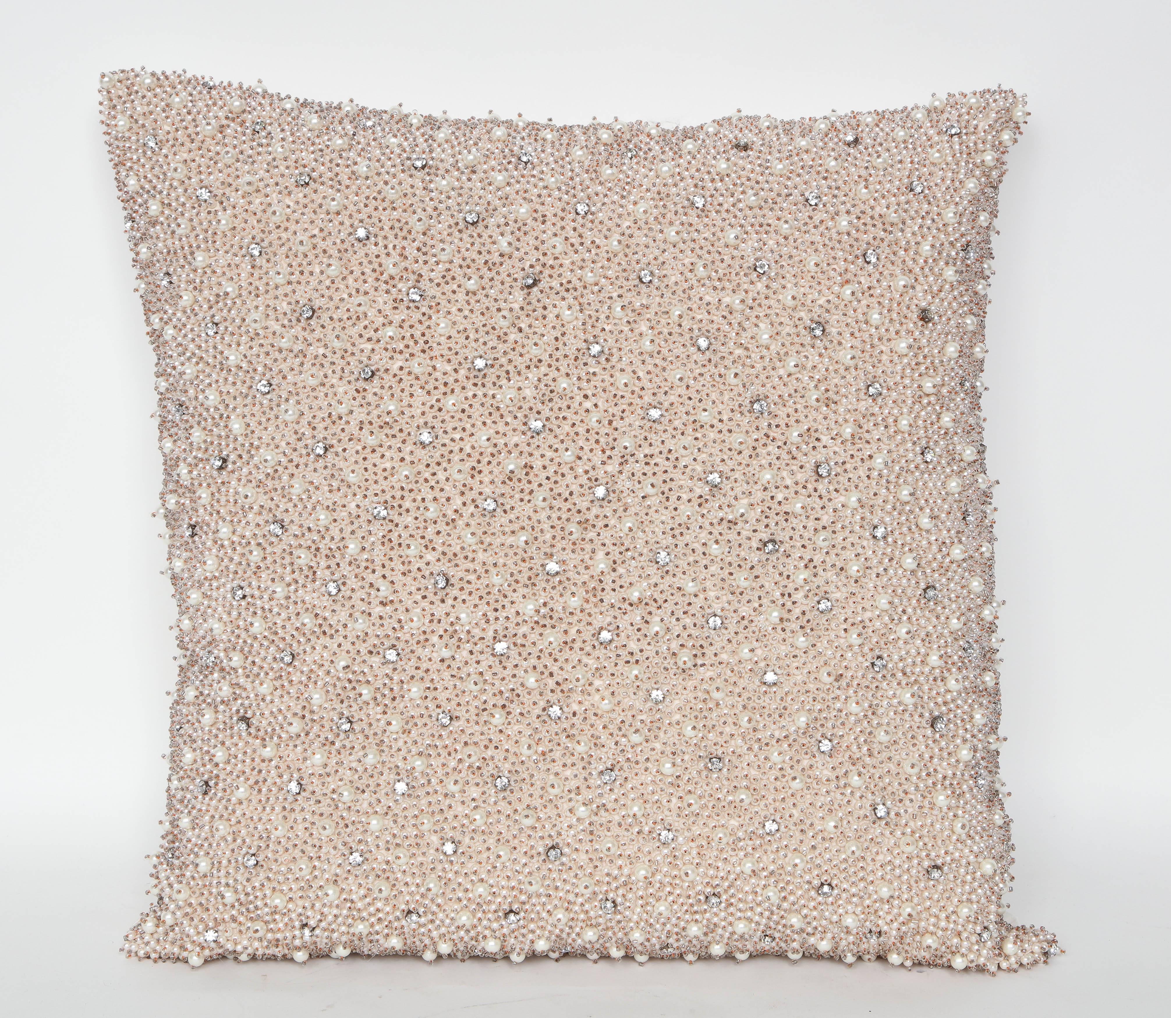 North American Custom Pair of Pearl and Rhinestone Embellished Pillows