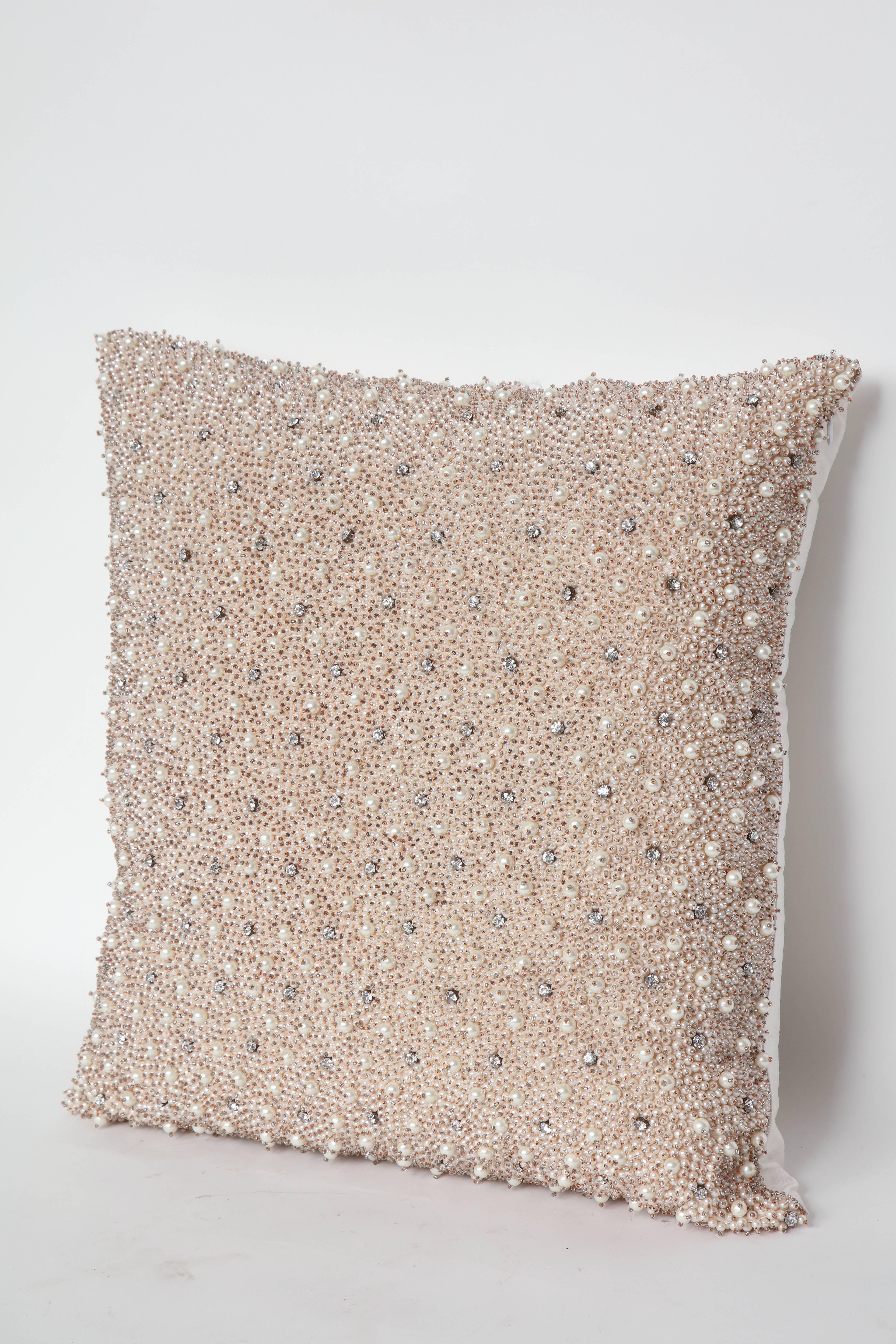 Crystal Custom Pair of Pearl and Rhinestone Embellished Pillows