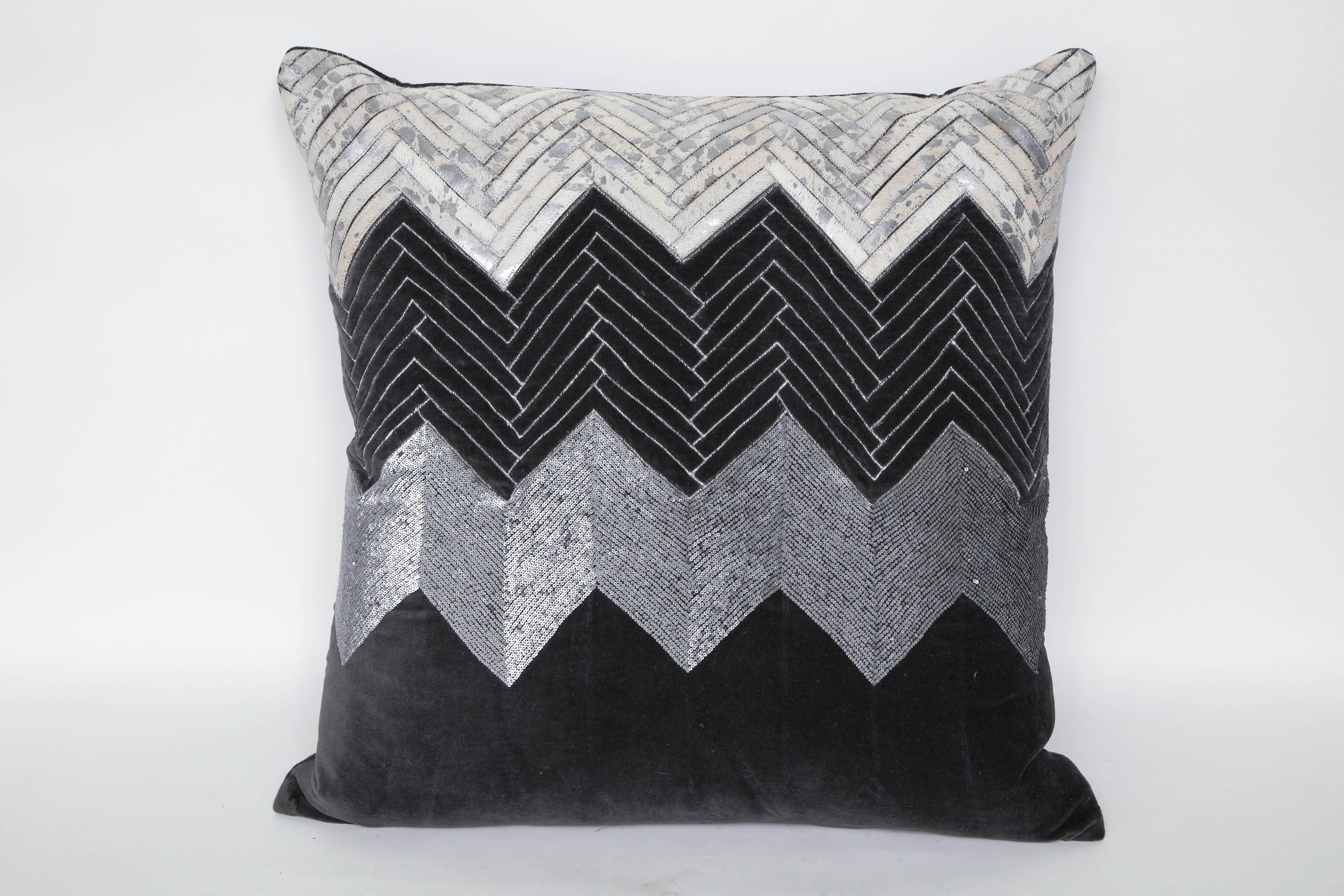 Modern Custom Grey Cheveron Hide/Velvet Pillows For Sale