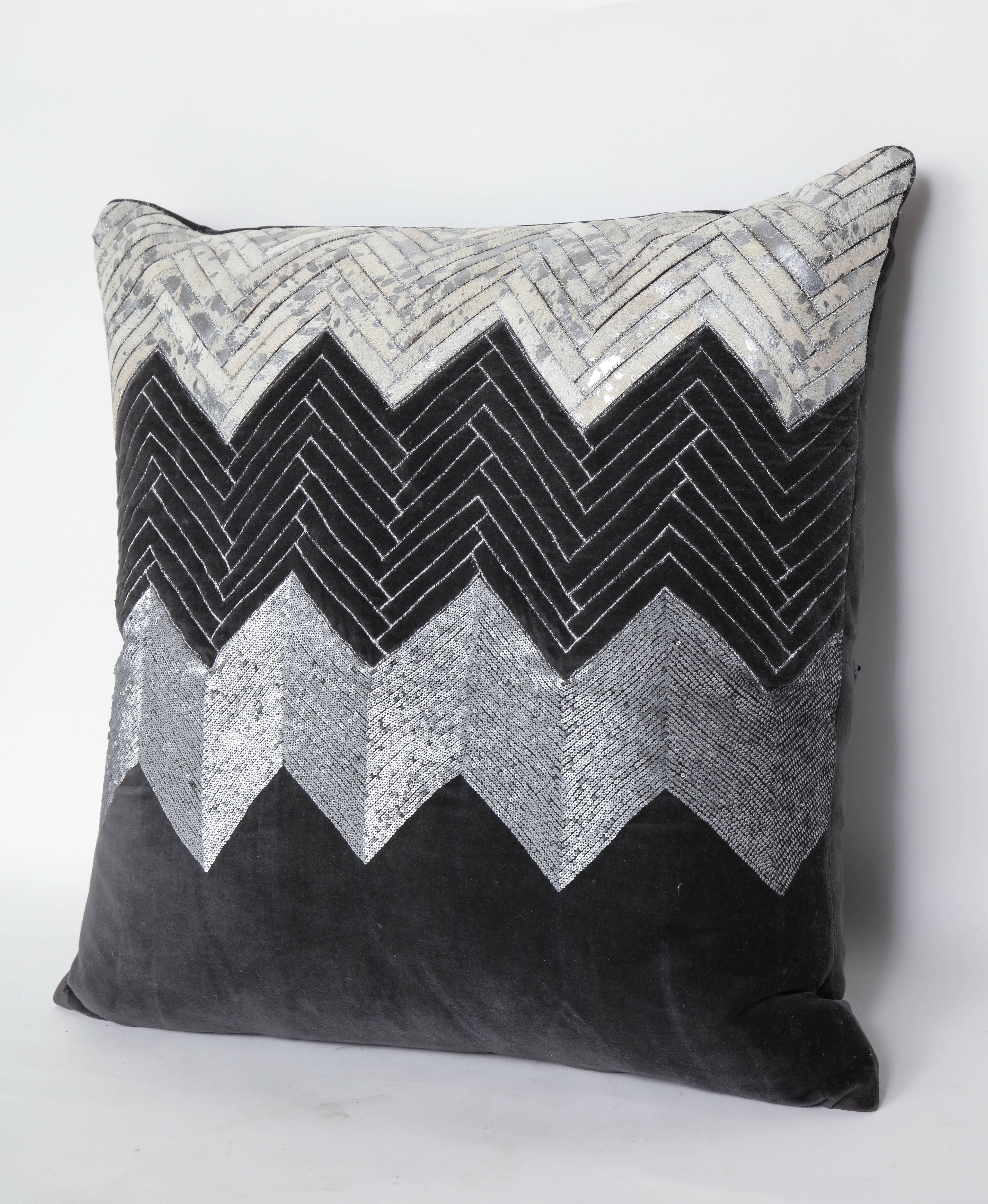 Custom Grey Cheveron Hide/Velvet Pillows For Sale 1