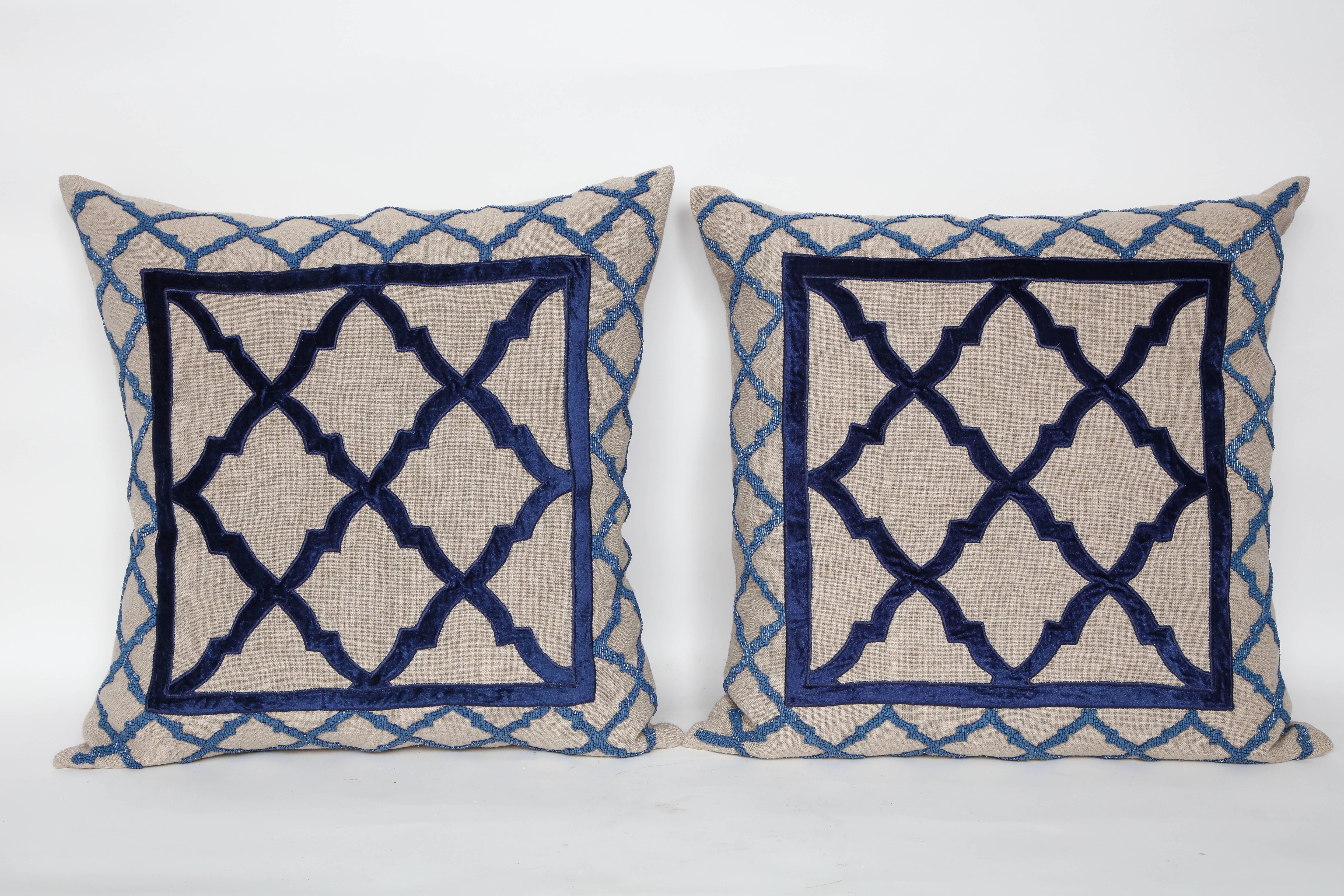 American Classical Pair of Linen Pillows with Bead and Velvet Trim For Sale