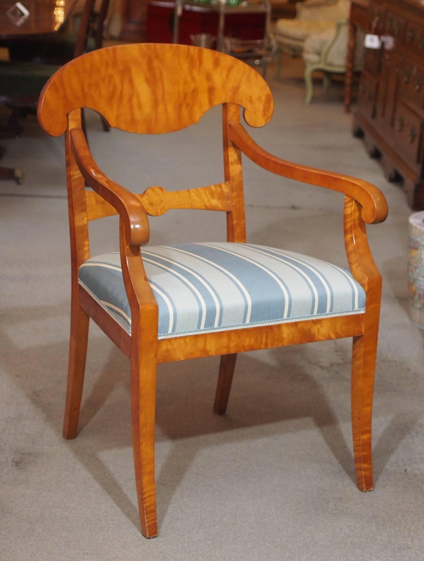 Pair of antique Swedish Biedermeier satin birch armchairs.