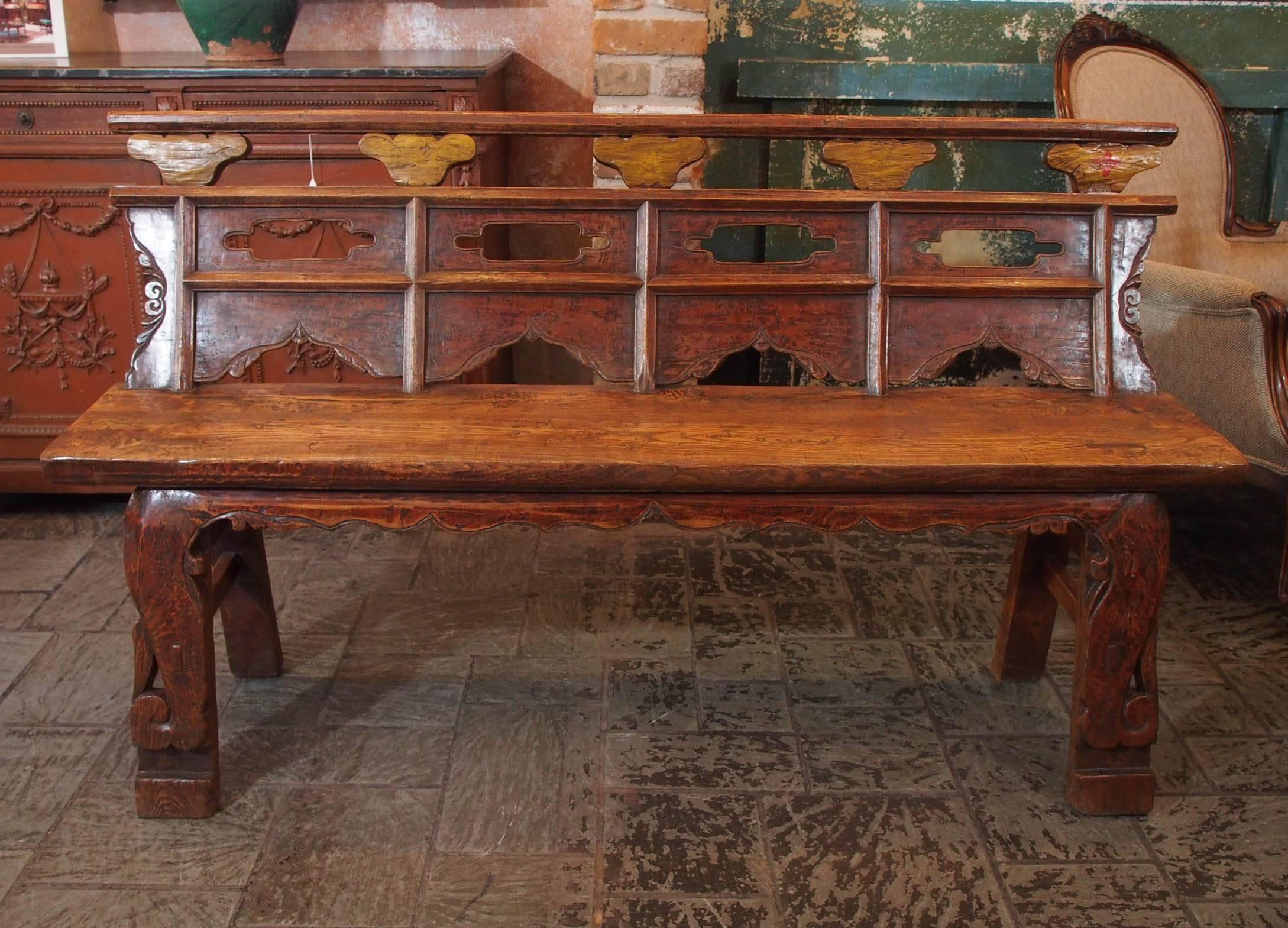 Antique Chinese Shanxi Province painted elm bench, circa 1860.