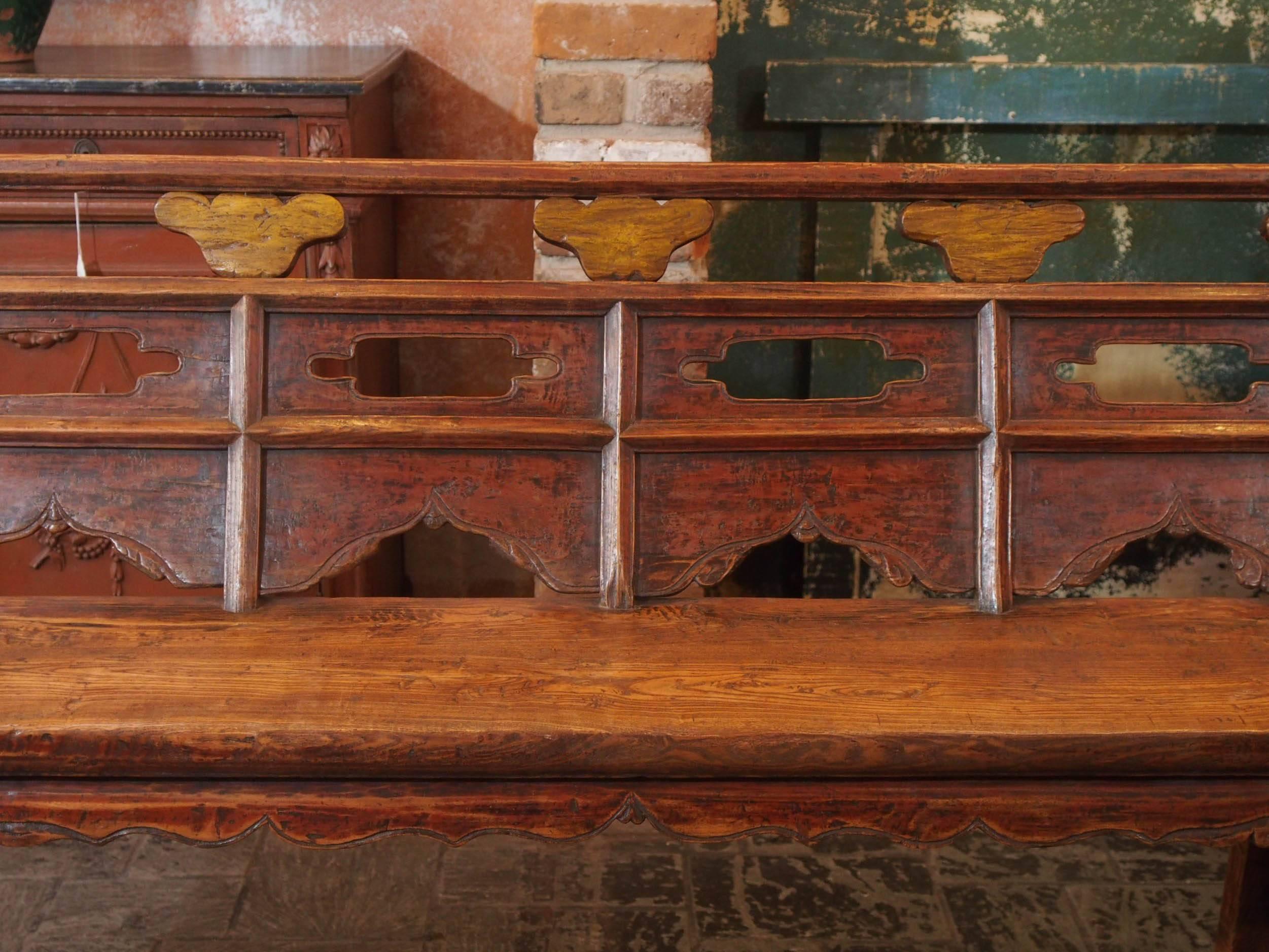 Antique Chinese Shanxi Province Painted Elm Bench, circa 1860 In Good Condition In New Orleans, LA
